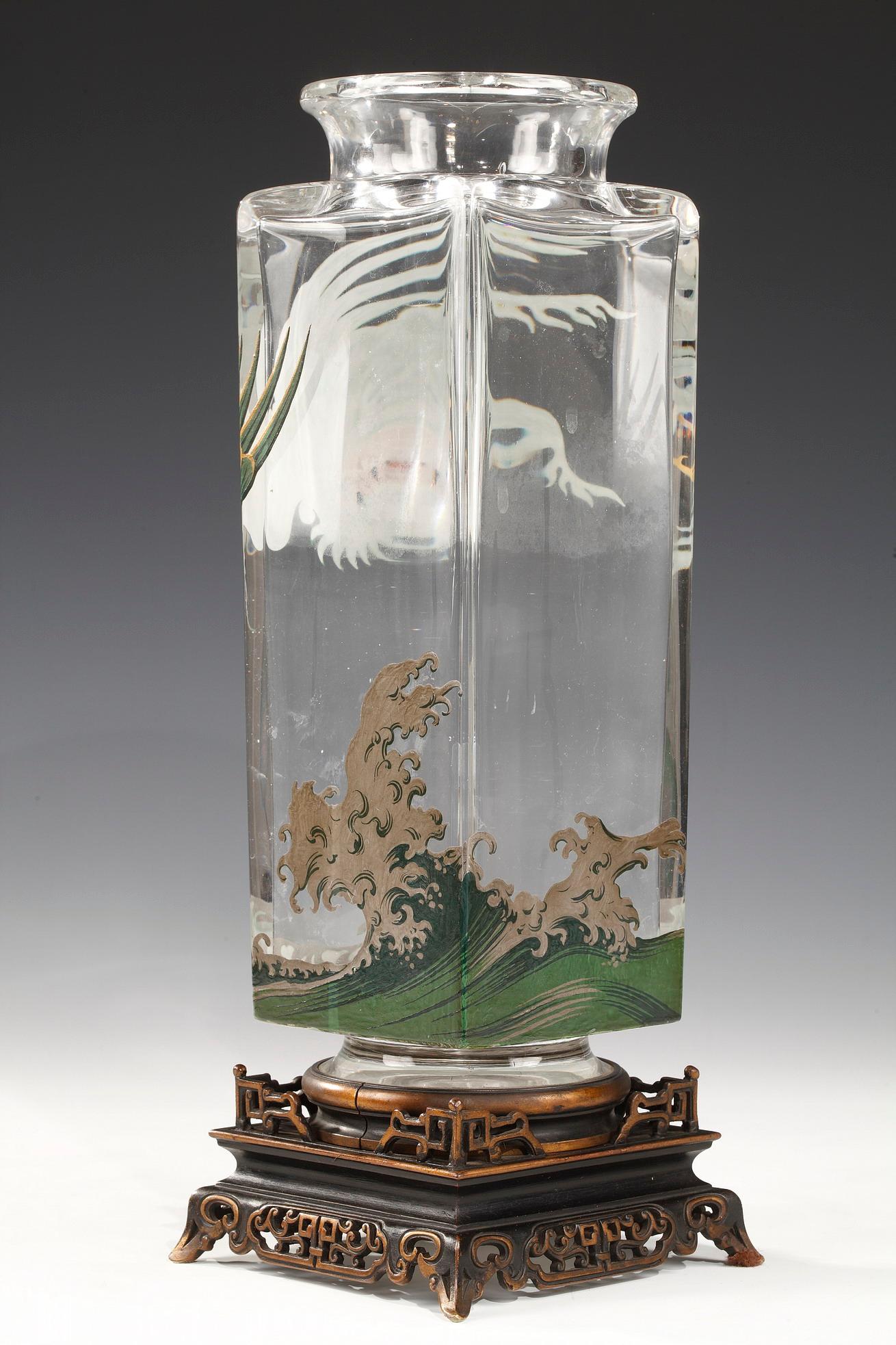 French Pair of Birds of Paradise Vases Attributed to Baccarat, France, Circa 1880 For Sale