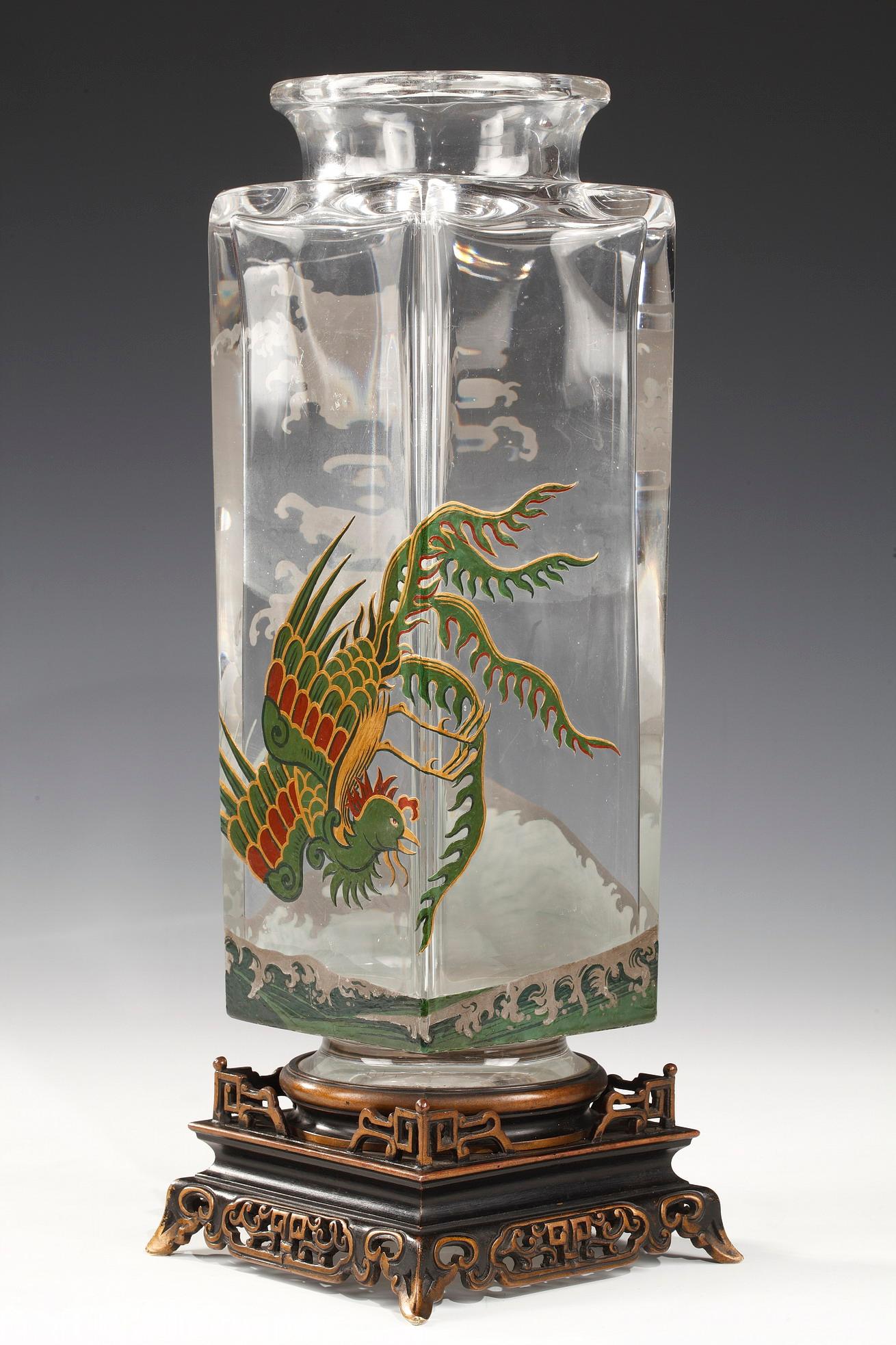 Patinated Pair of Birds of Paradise Vases Attributed to Baccarat, France, Circa 1880 For Sale