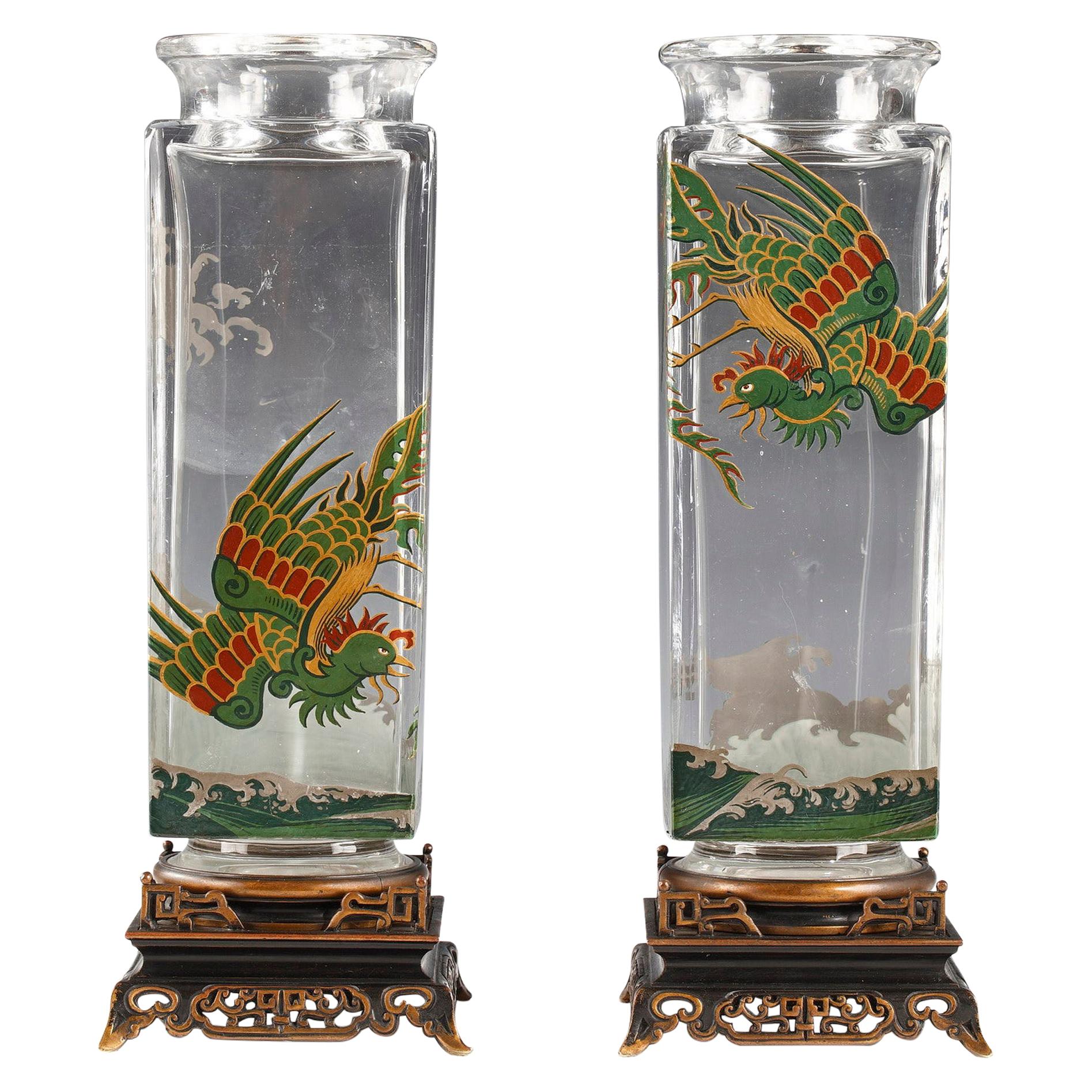 Pair of Birds of Paradise Vases Attributed to Baccarat, France, Circa 1880