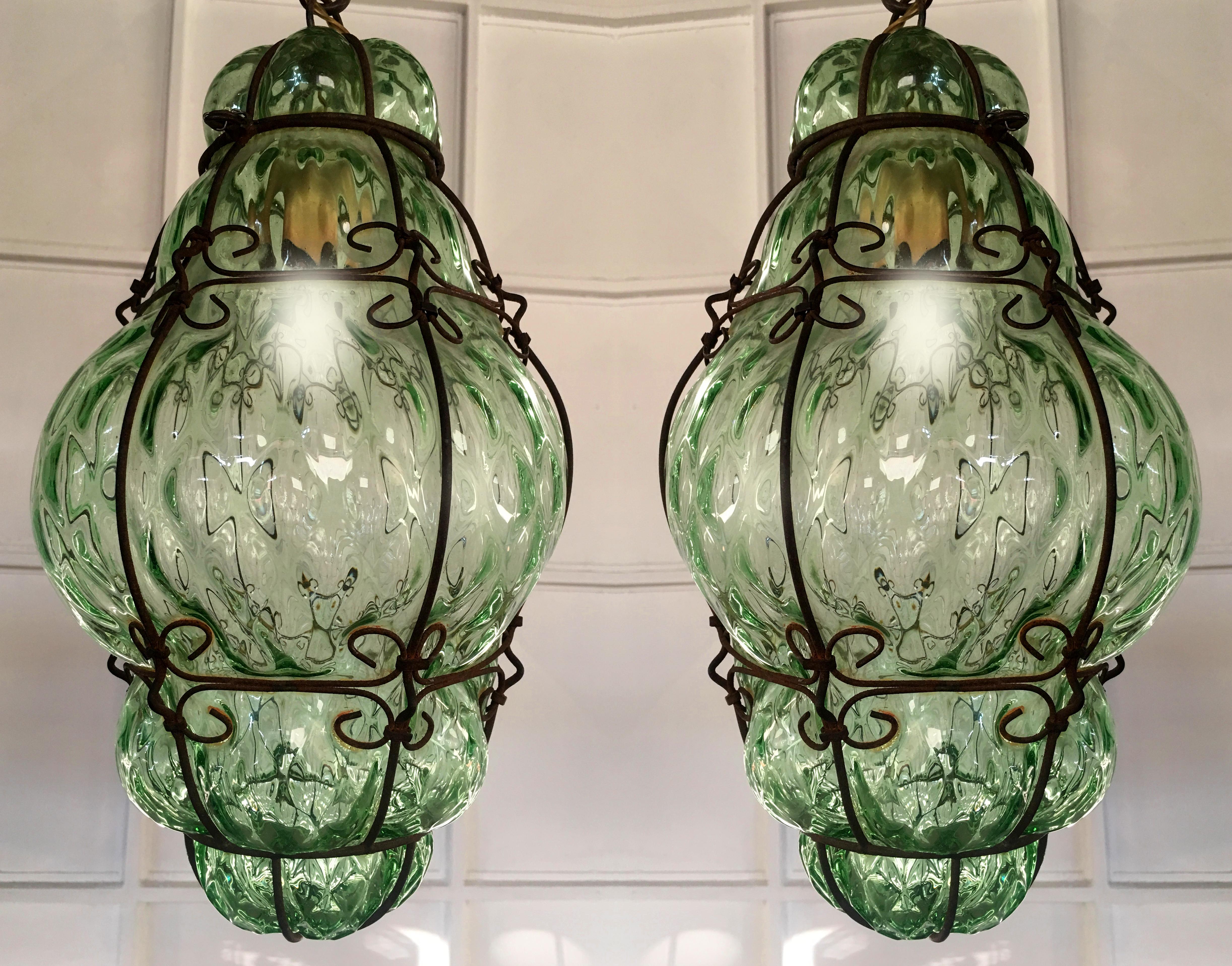 Italian Charming Pair of Venetian Glass Lanterns. Murano, 1950