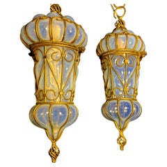 Charming Pair of Venetian Opal Glass Lanterns and Sconce, Murano, 1950