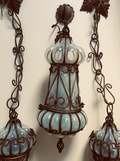 Charming Pair of Venetian Opal Glass Lanterns and Sconce, Murano, 1950