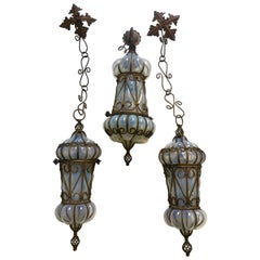 Charming Pair of Venetian Opal Glass Lanterns and Sconce, Murano, 1950