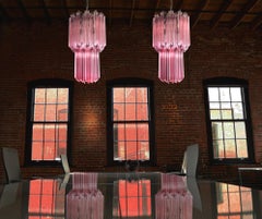 Charming Pair of 46 Quadriedri Glass Chandeliers, Pink Prism, Murano