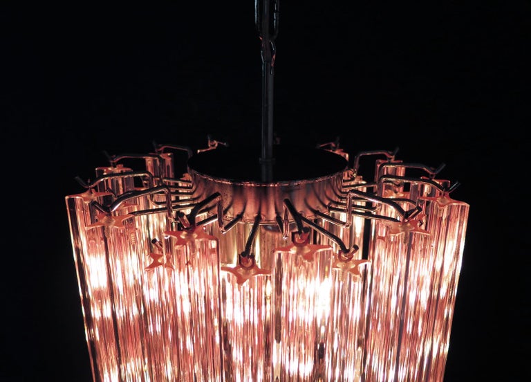 20th Century Charming Pair of 46 Quadriedri Glass Chandeliers, Pink Prism, Murano For Sale