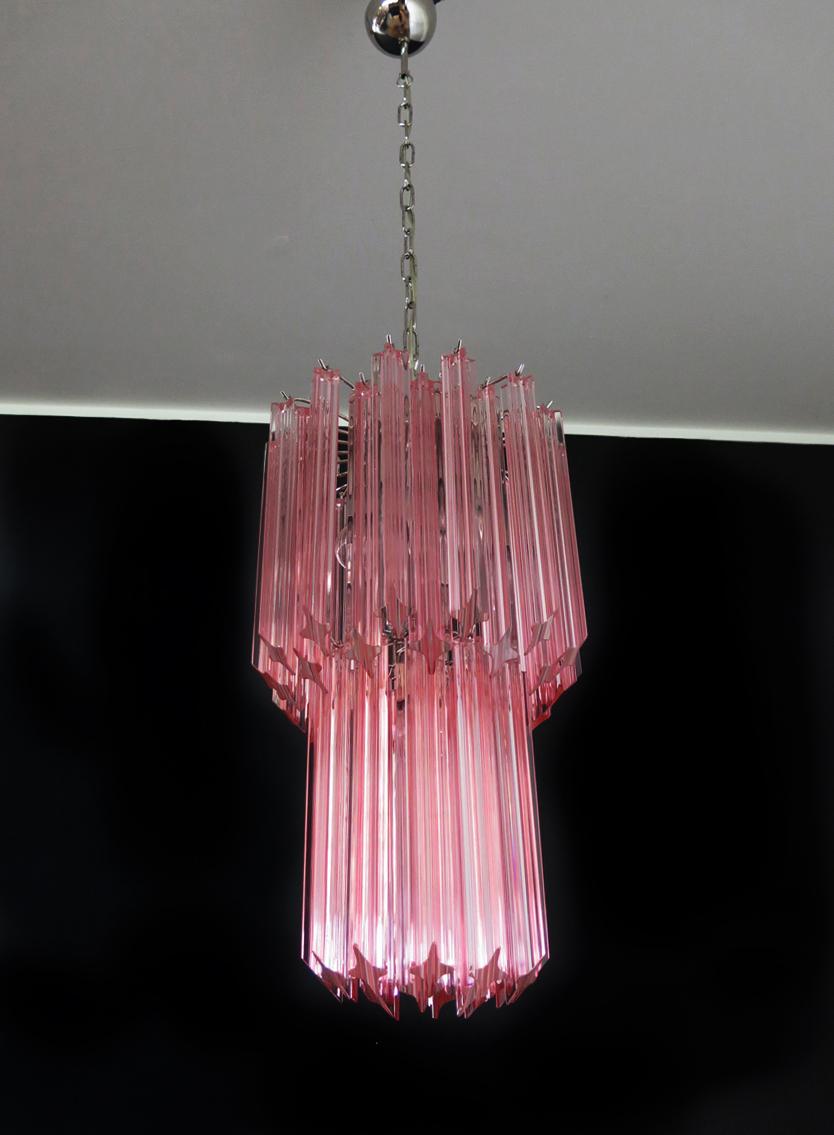 Metal Charming Pair of 46 Quadriedri Glass Chandeliers, Pink Prism, Murano For Sale