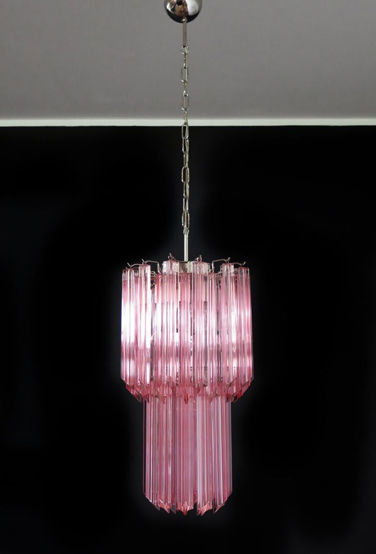 Charming Pair of 46 Quadriedri Glass Chandeliers, Pink Prism, Murano For Sale 1
