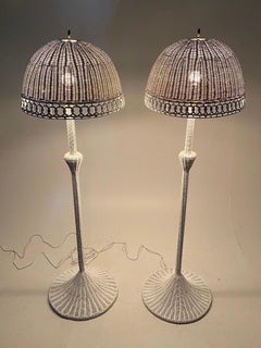 Charming Palm Beachy Matching Pair of White Wicker Floor Lamps
