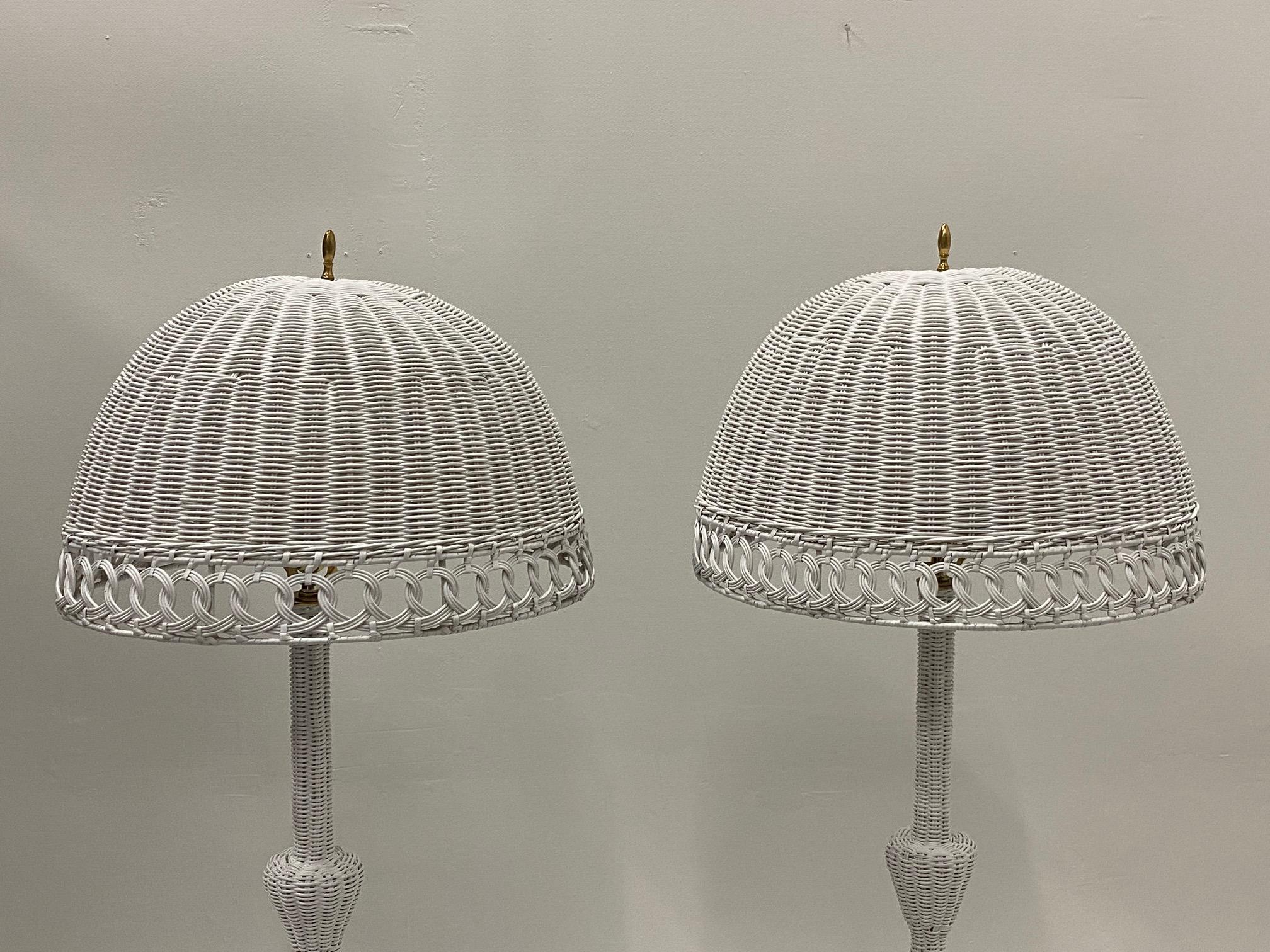 North American Charming Palm Beachy Matching Pair of White Wicker Floor Lamps