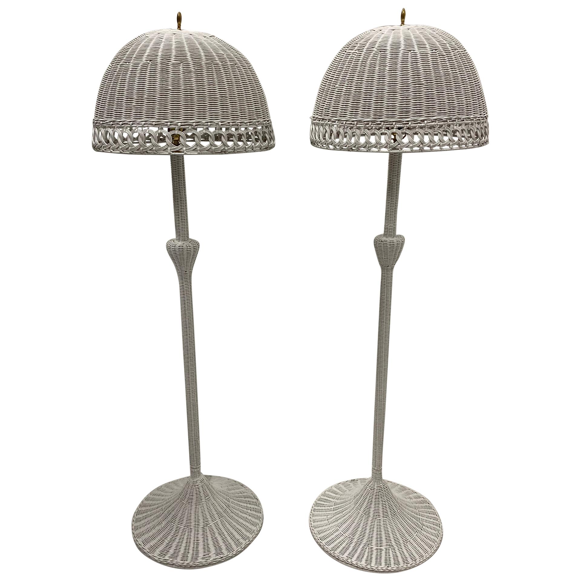 Charming Palm Beachy Matching Pair of White Wicker Floor Lamps