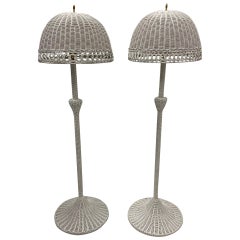 Vintage Charming Palm Beachy Matching Pair of White Wicker Floor Lamps