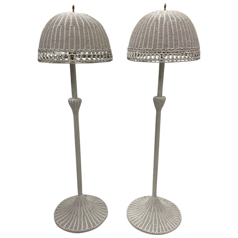 Charming Palm Beachy Matching Pair of White Wicker Floor Lamps For Sale at  1stDibs