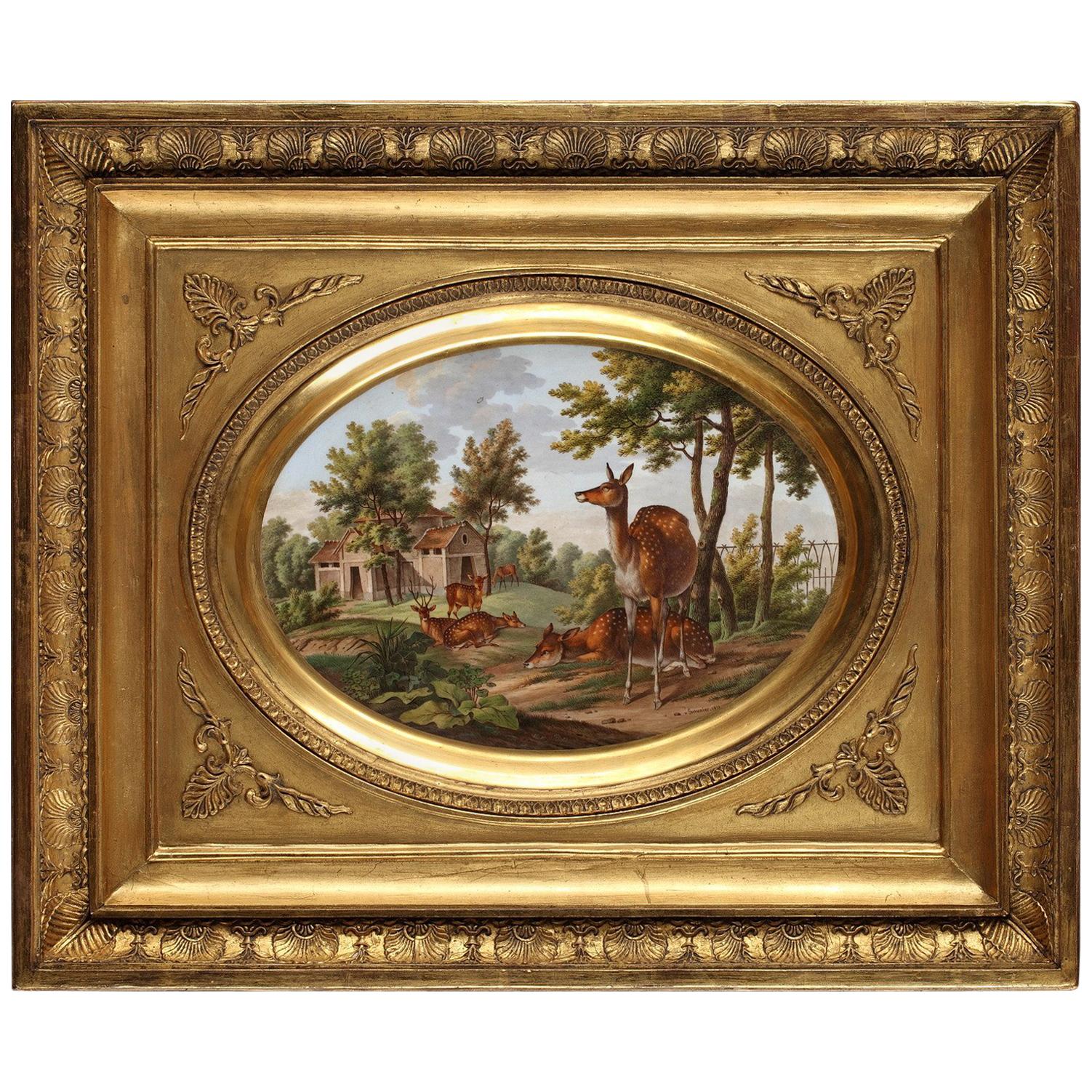Charming Paris Porcelain "Deers in a Landscape" by Saunier, French School, 1819