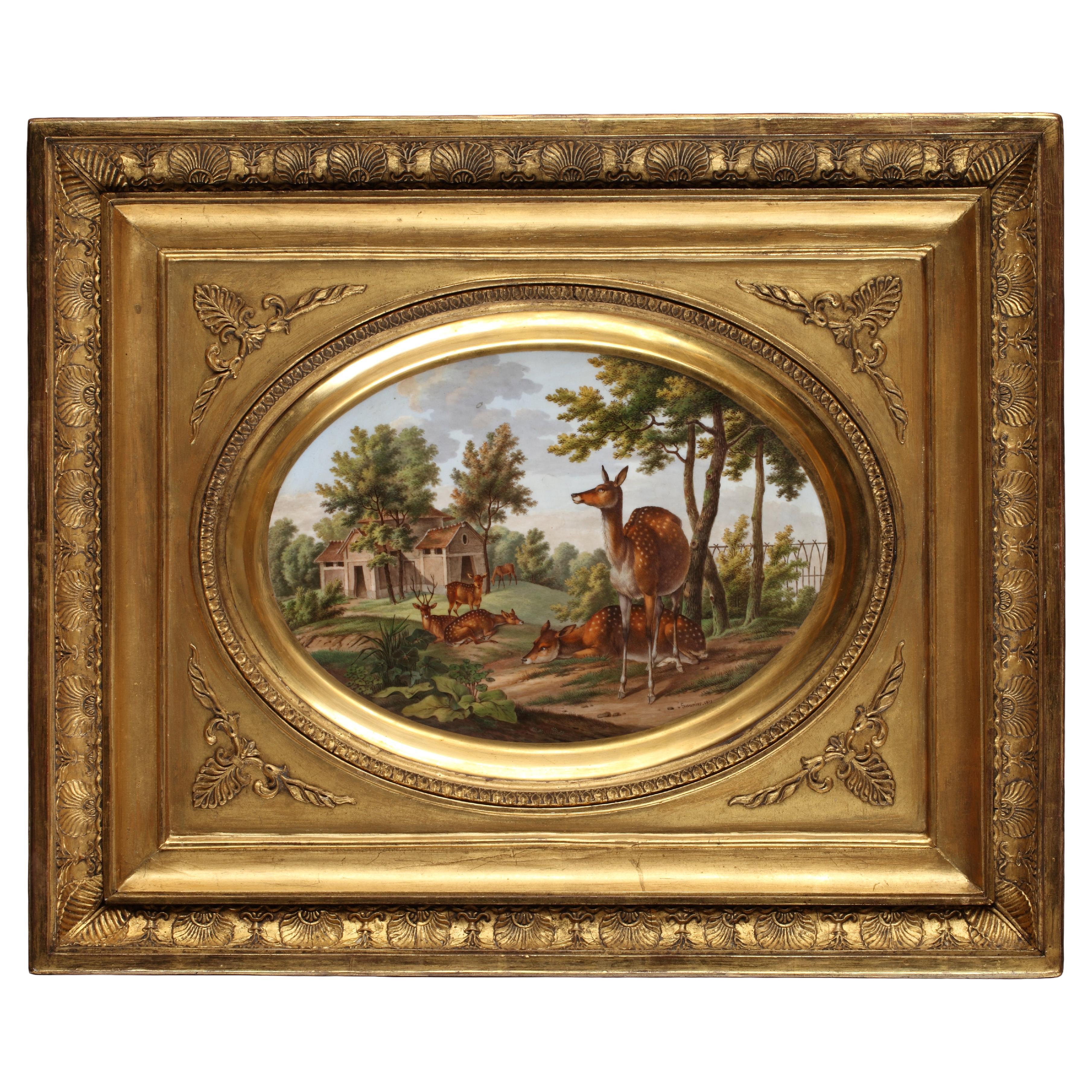 Charming Paris Porcelain "Deers in a Landscape" by Saunier, French School, 1819 For Sale
