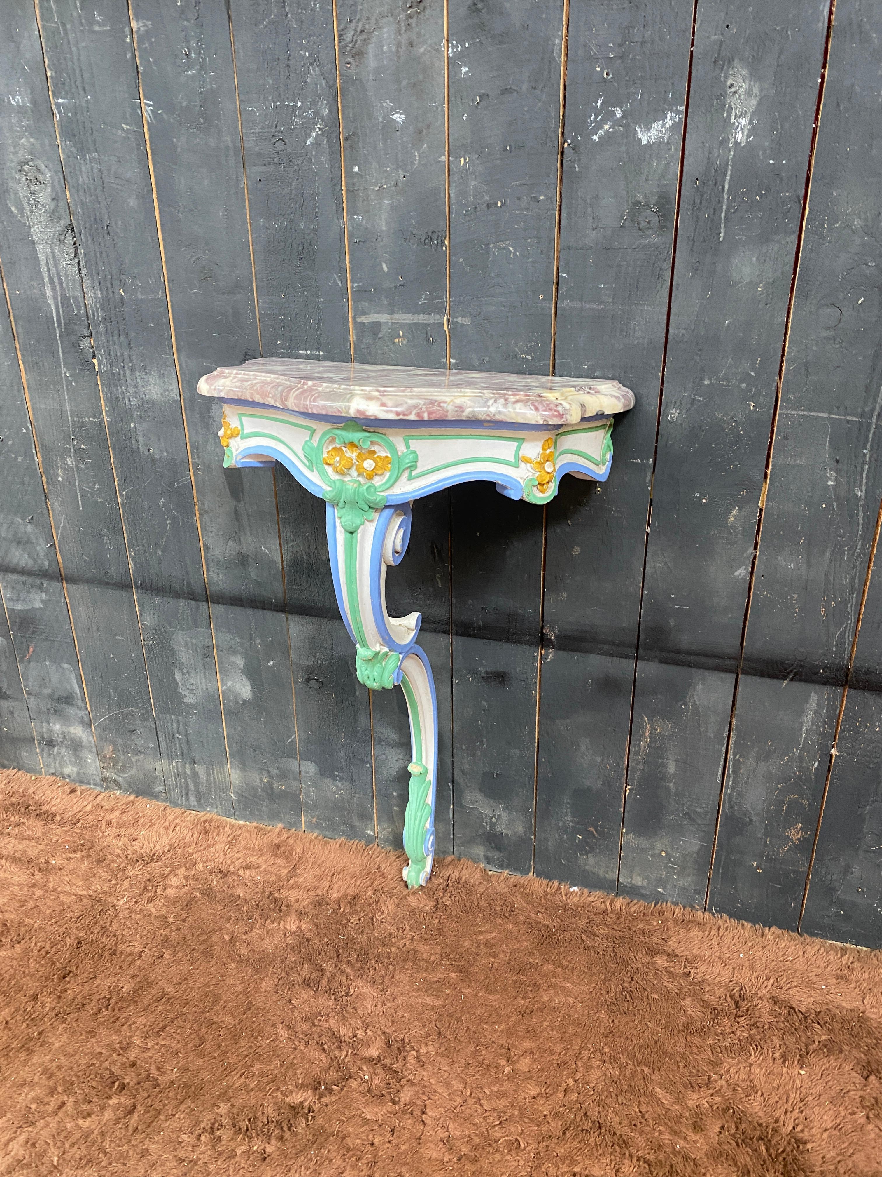 Charming patinated console and its late 19th century marble
pretty old patina, very beautiful marble
a large matching mirror is for sale in another ad