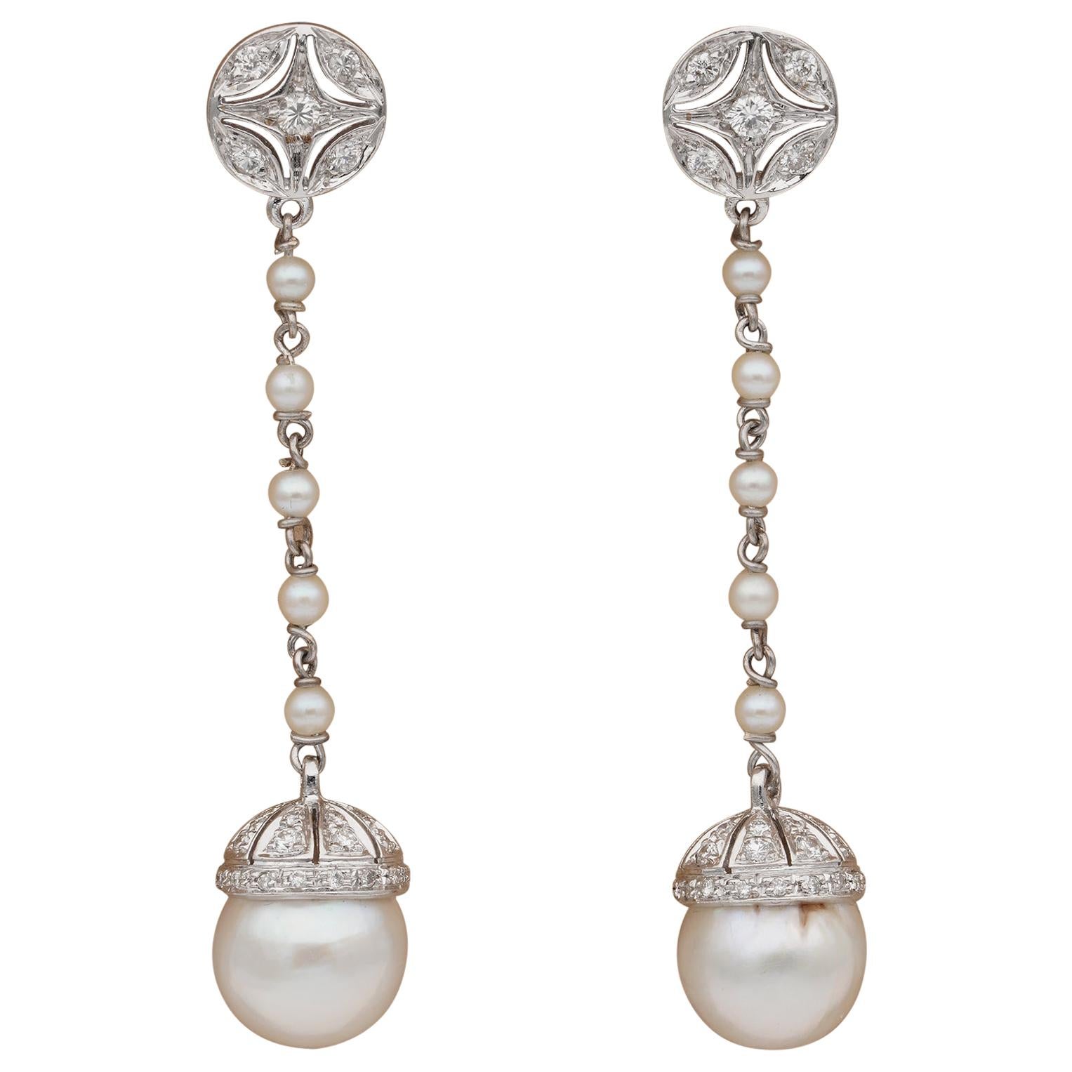 Charming Pearl and Diamond Long Drop Swing Vintage Earrings For Sale