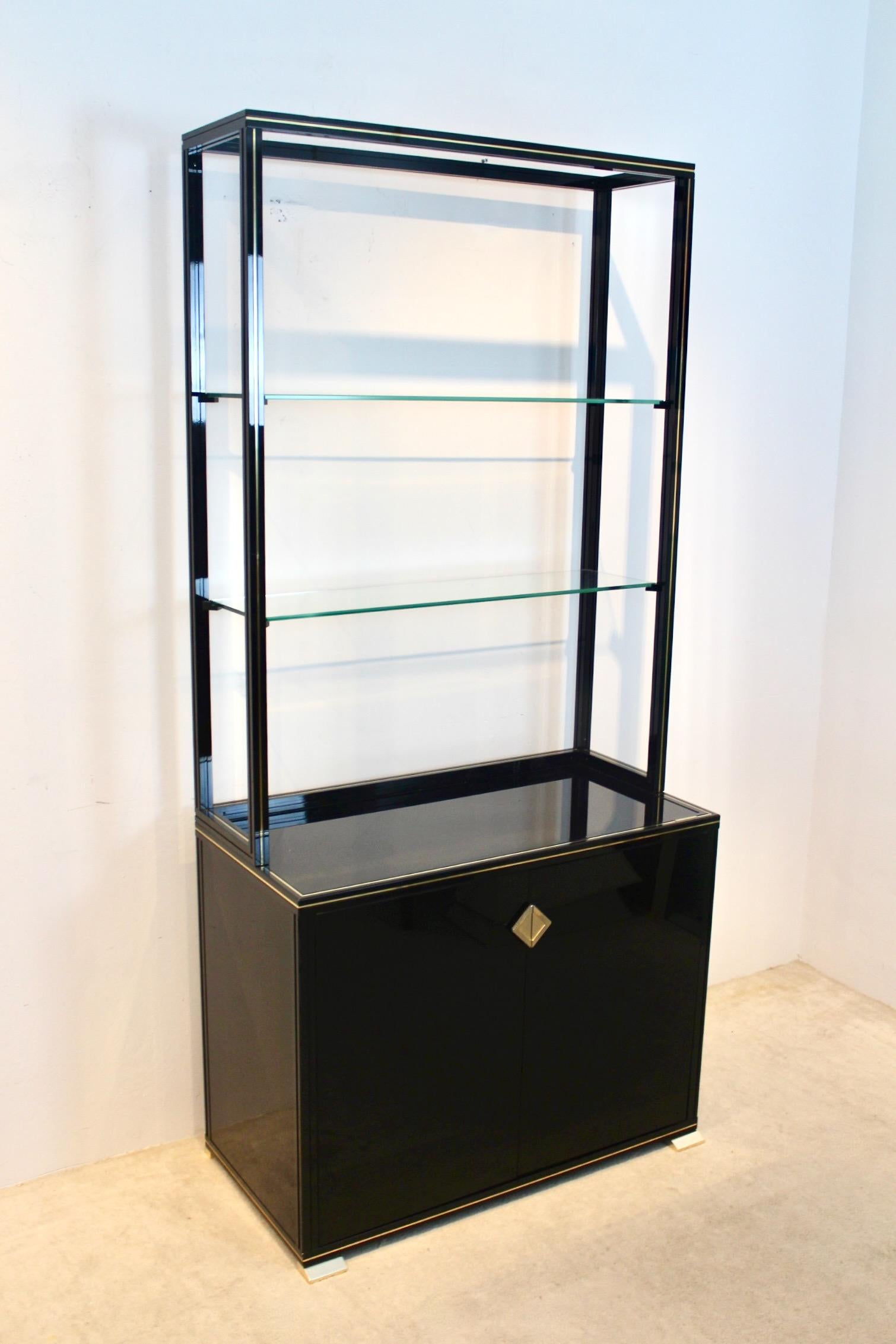 Brass Charming Pierre Vandel Paris Black Lacquered Cabinet with Shelving Display For Sale