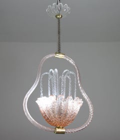 Charmant lustre en verre de Murano rose et transparent par Barovier e Toso, années 1950