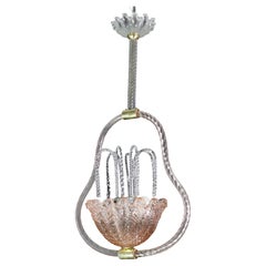 Charmant lustre en verre de Murano rose et transparent par Barovier e Toso, années 1950