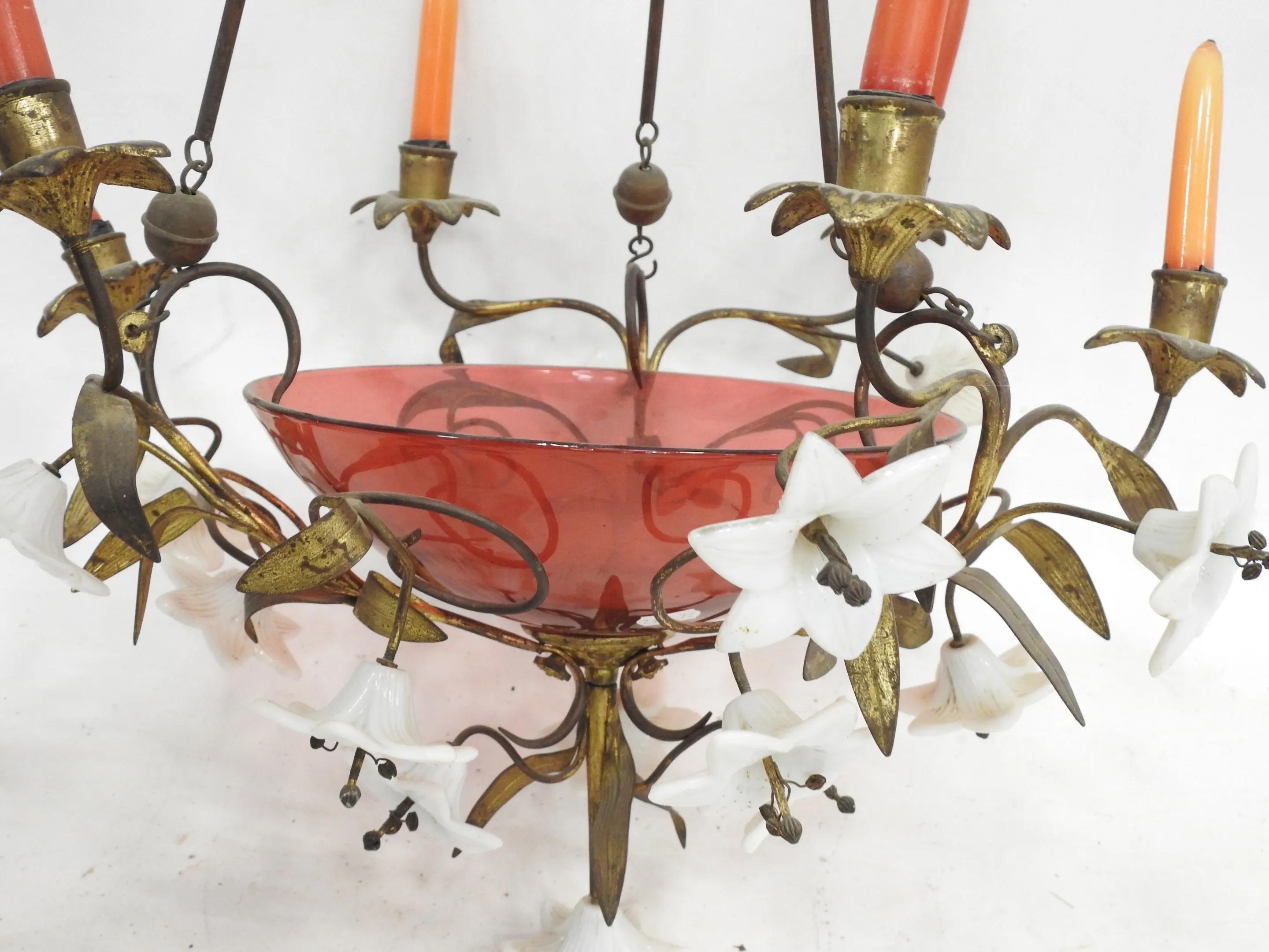 19th Century charming pink and white glass chandelier, Napoleon III For Sale