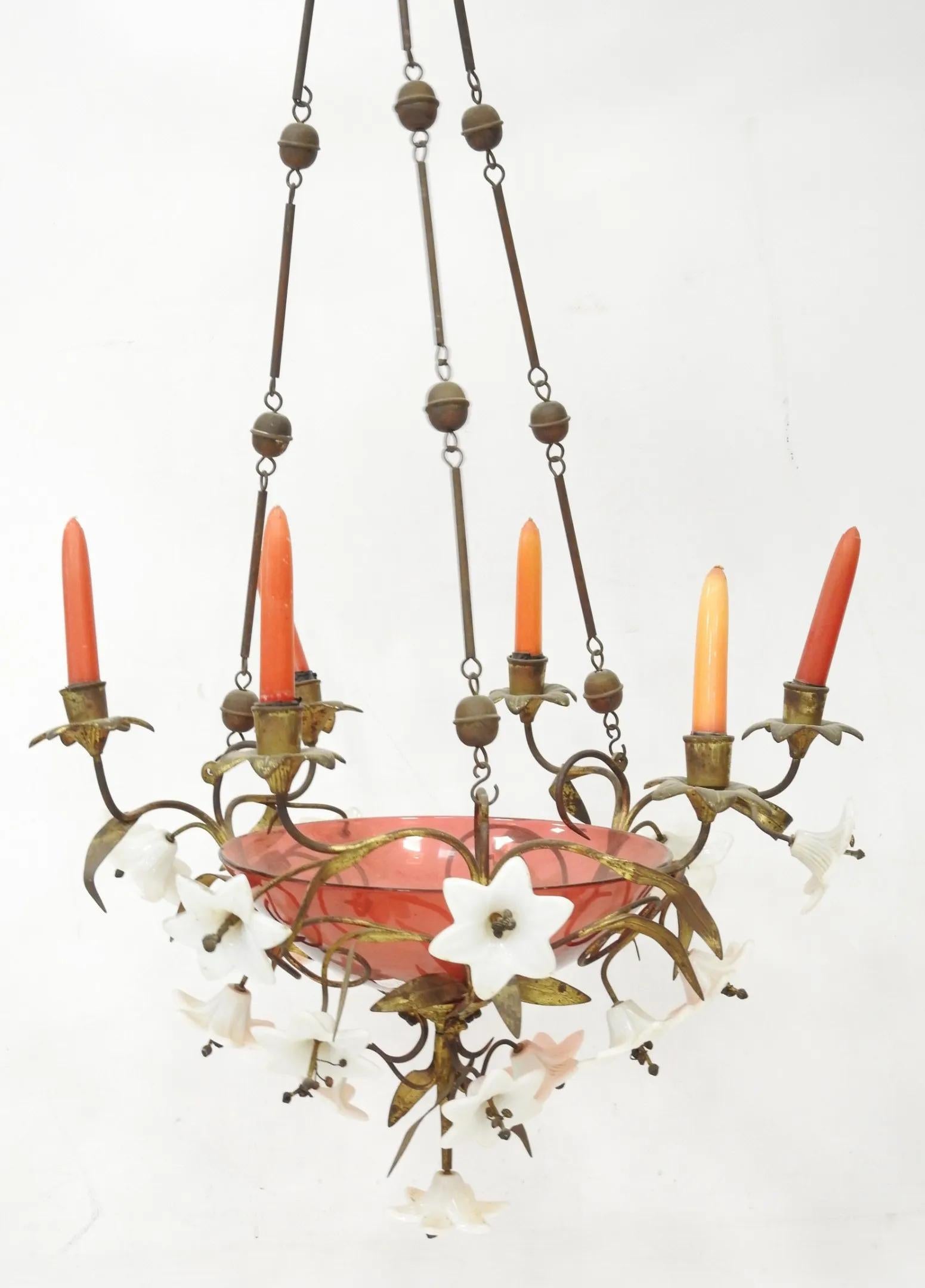 Bronze charming pink and white glass chandelier, Napoleon III For Sale