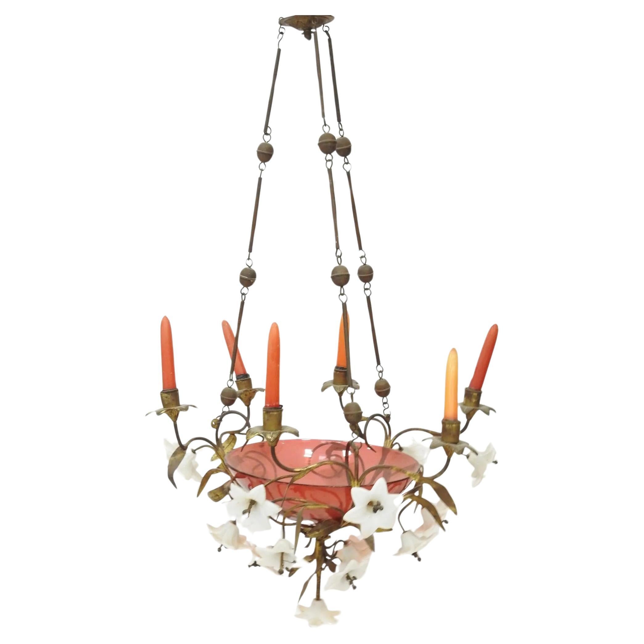 charming pink and white glass chandelier, Napoleon III For Sale