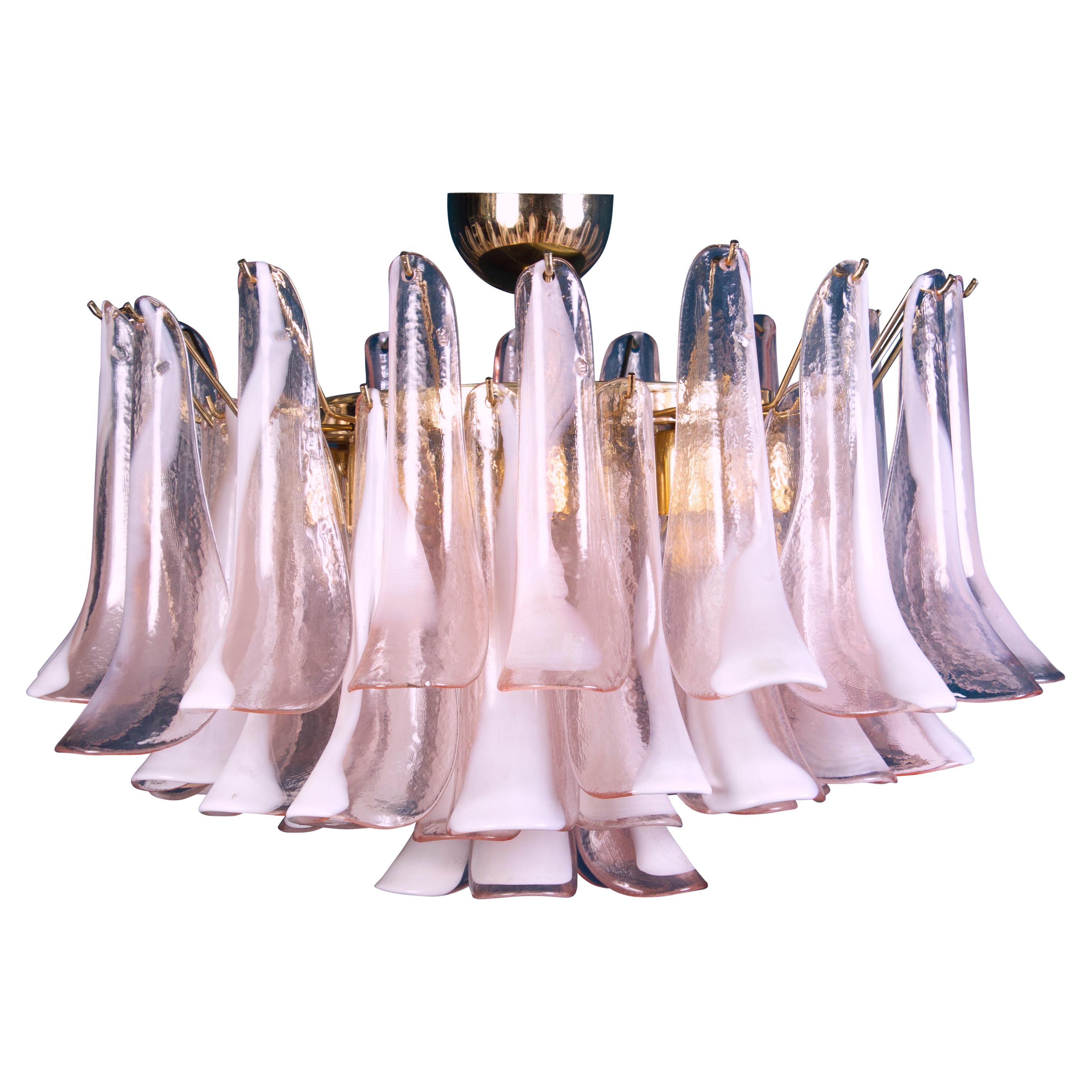 Charming Pink and White Murano Glass Petal Chandelier or Ceiling Light For Sale