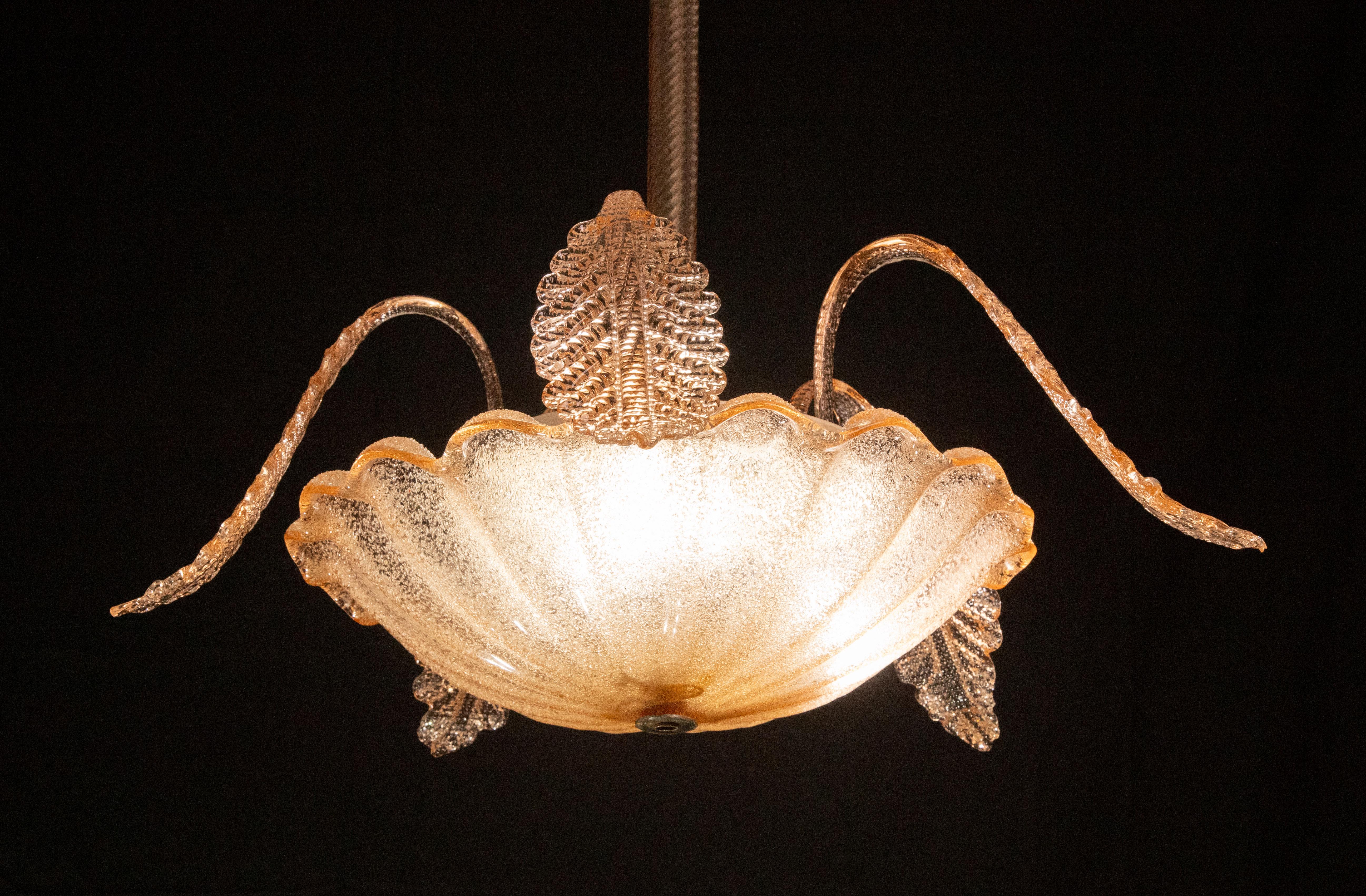 Charming Pink Art Decò Barovier e Toso Pendant Light, Murano Glass, 1940s In Good Condition For Sale In Roma, IT
