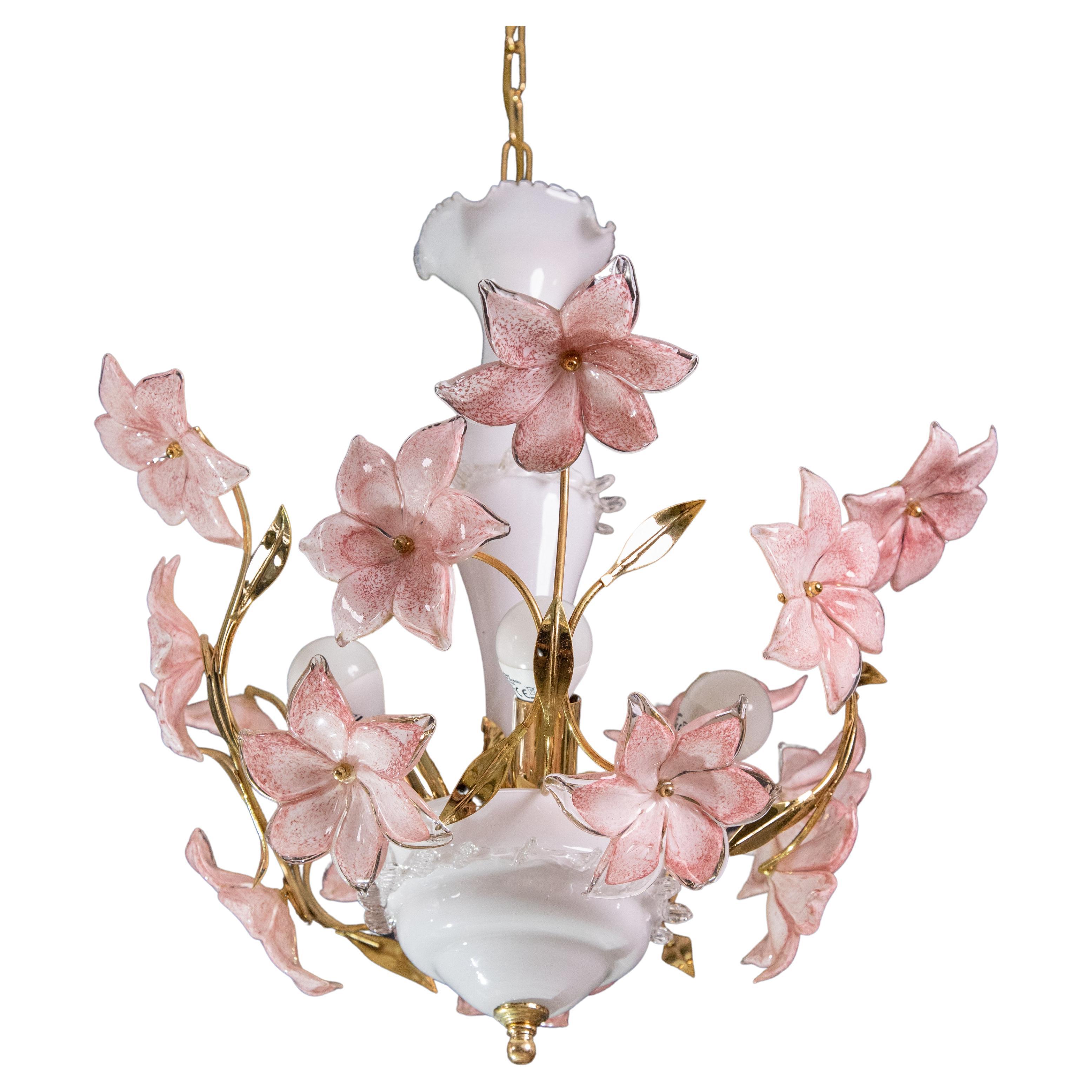 Charming Pink Flowers Murano Chandelier, 1970s For Sale