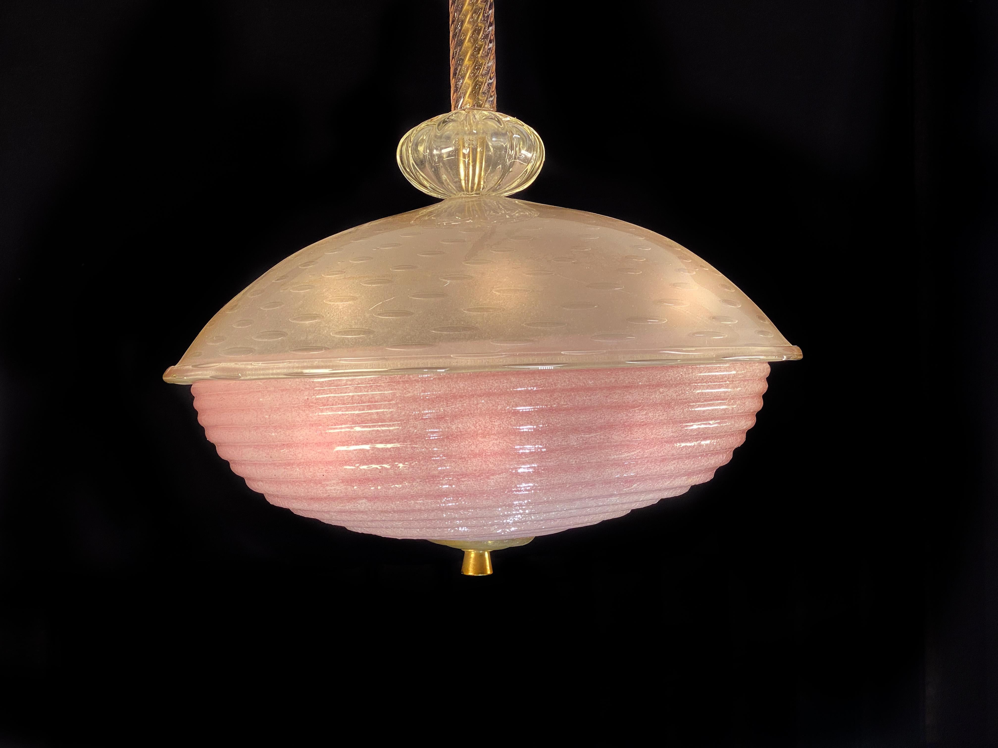 Charming Pink Glass Lantern Chandelier by Barovier & Toso, Murano, 1940 For Sale 9