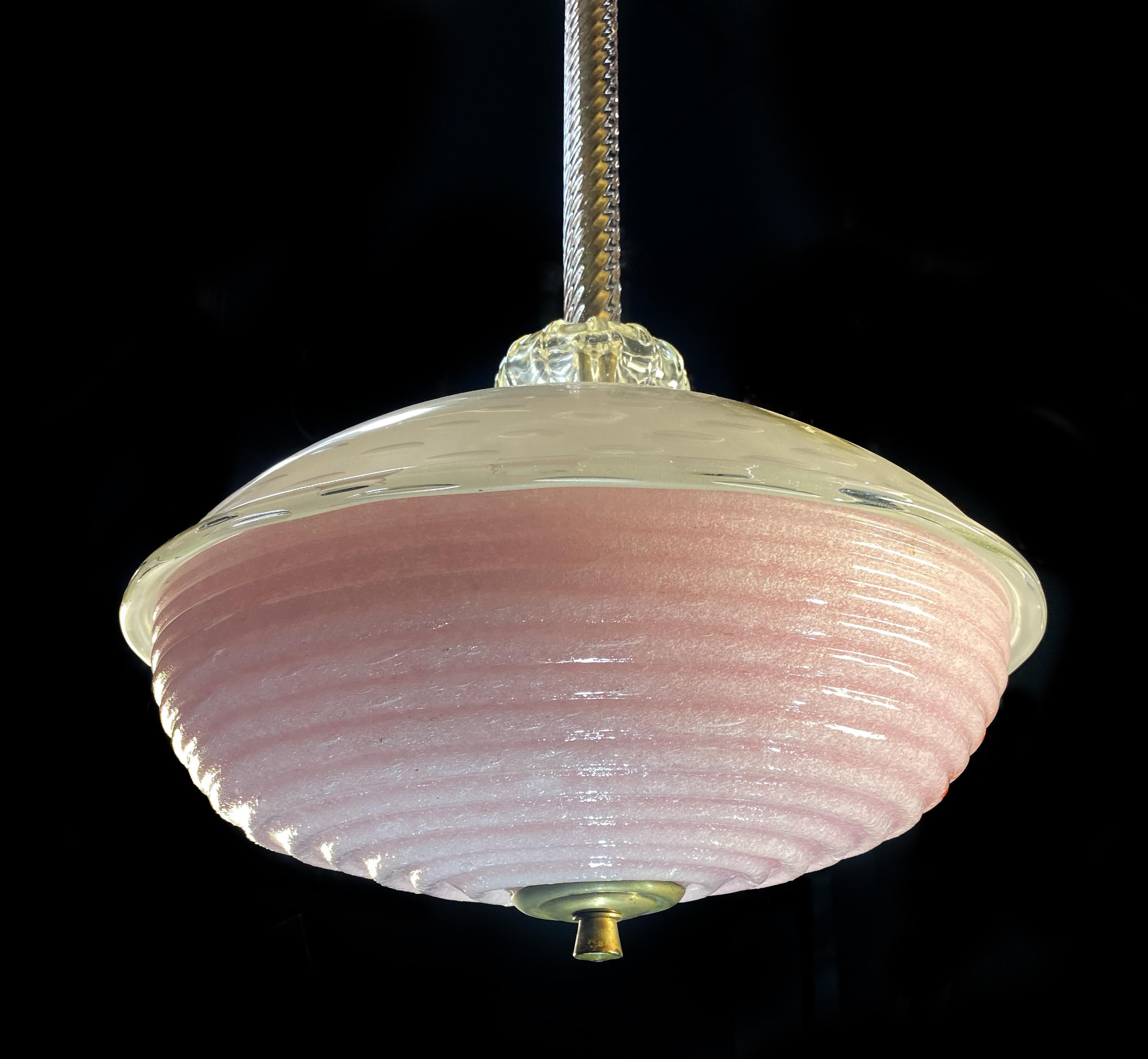 Italian Charming Pink Glass Lantern Chandelier by Barovier & Toso, Murano, 1940 For Sale