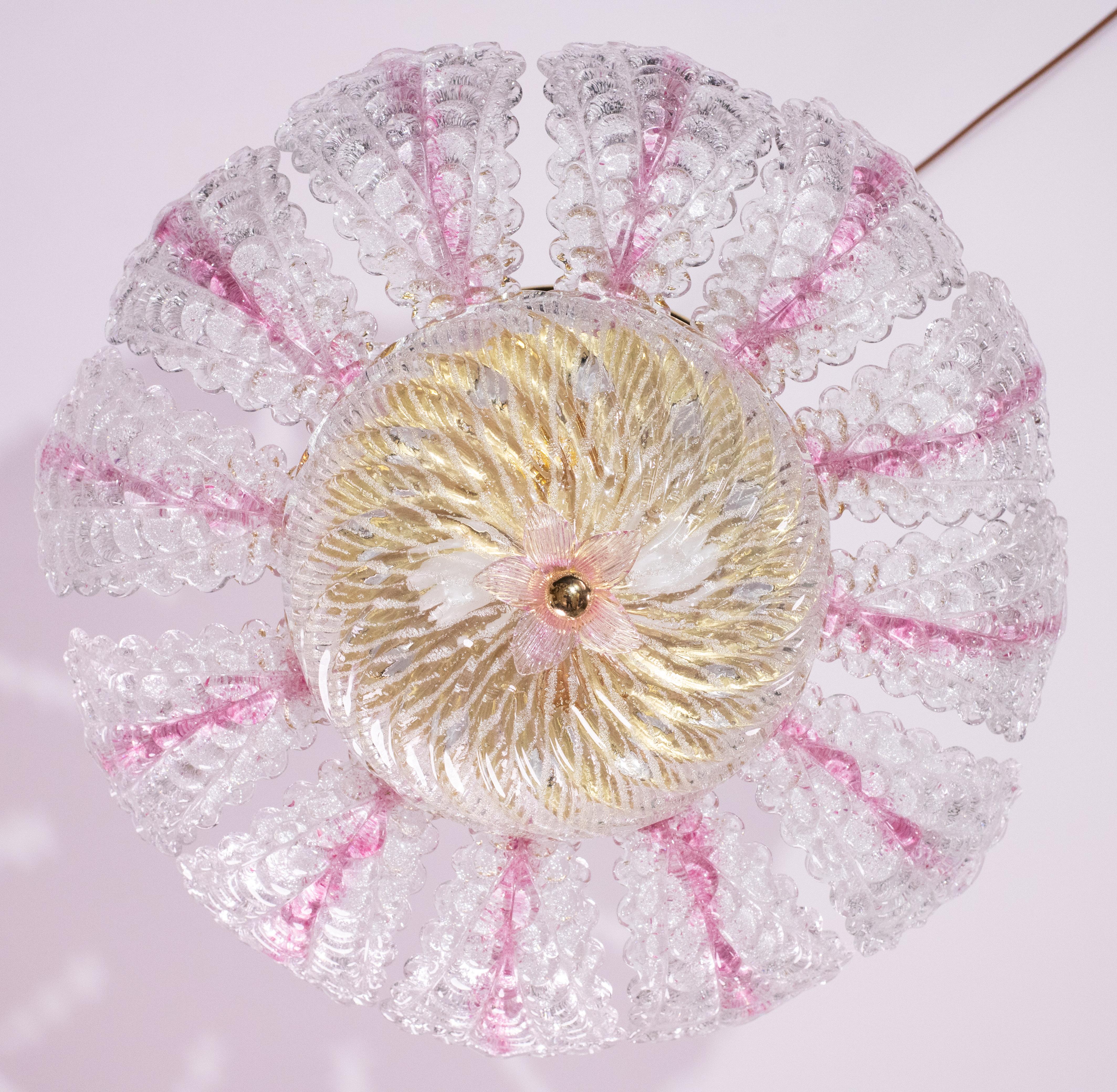 Charming Pink Murano Glass Leave Ceiling Light or Chandelier, 1970s In Good Condition For Sale In Roma, IT