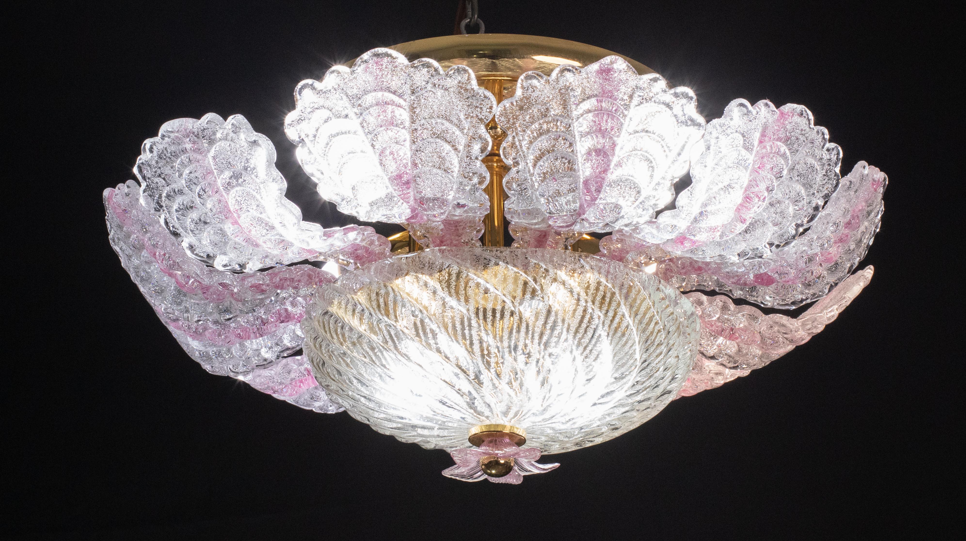 Late 20th Century Charming Pink Murano Glass Leave Ceiling Light or Chandelier, 1970s For Sale