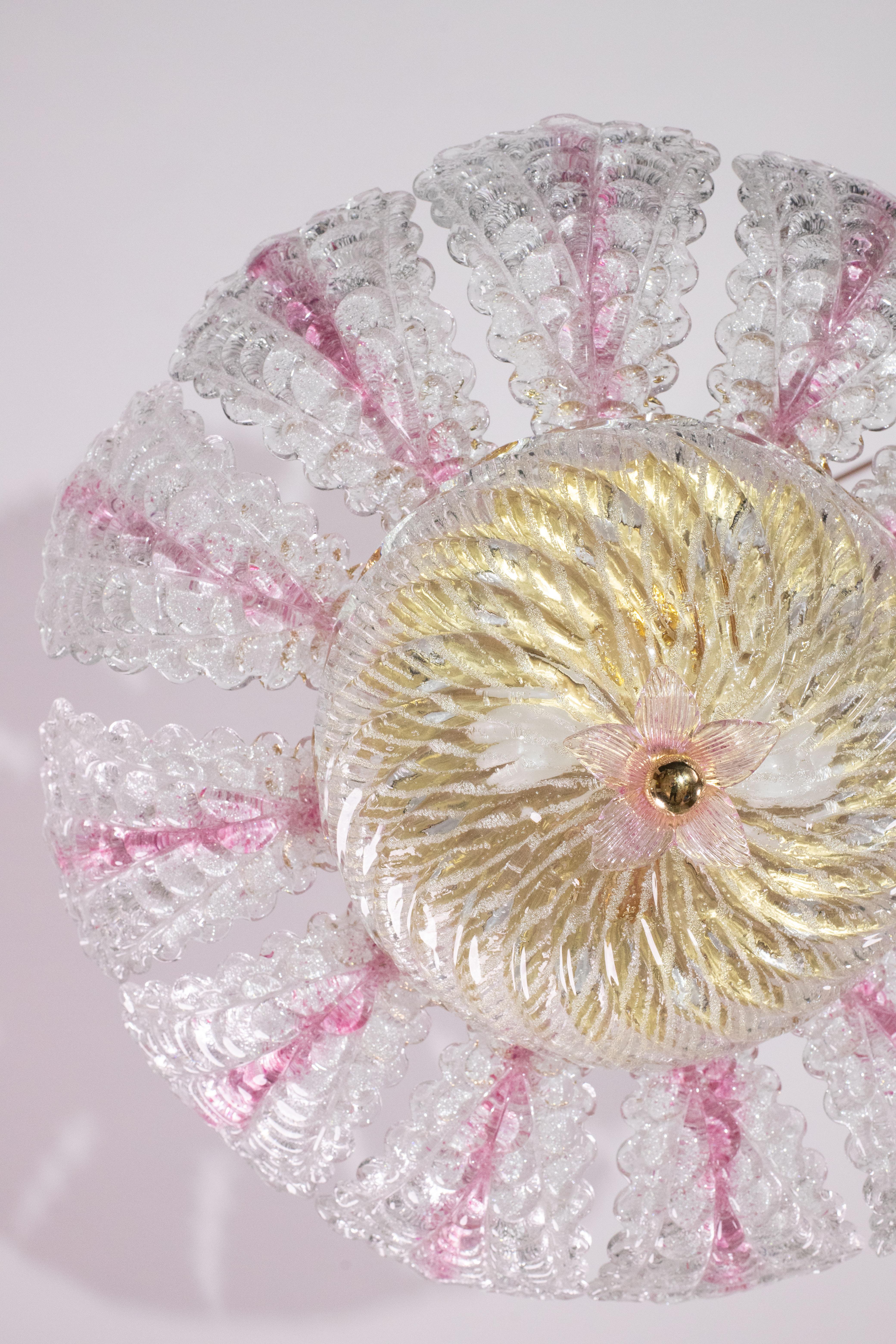 Charming Pink Murano Glass Leave Ceiling Light or Chandelier, 1970s For Sale 3