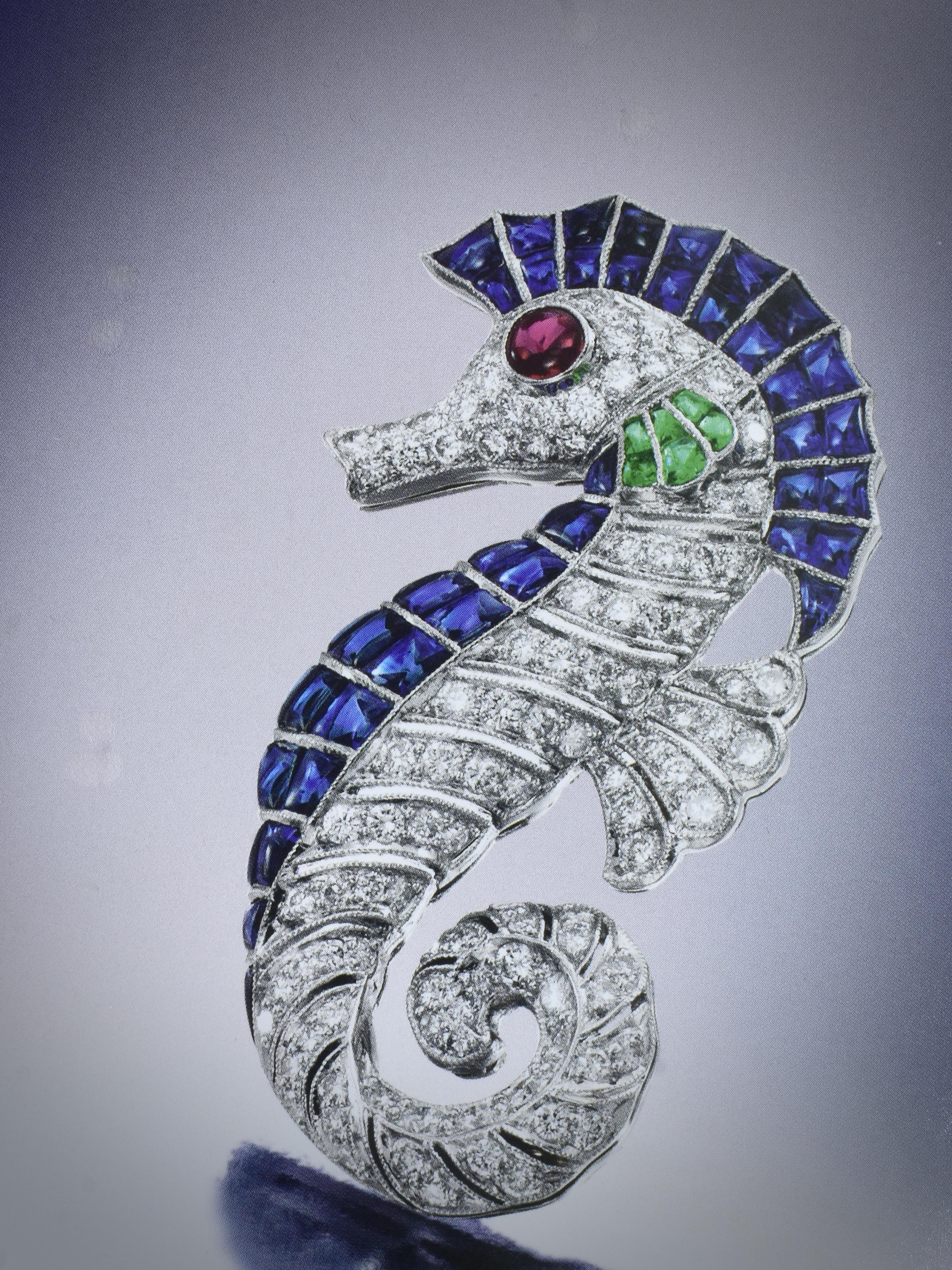 Charmante broche cheval de mer en platine avec saphirs, diamants, émeraudes et rubis. en vente 1