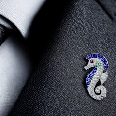 Charming Platinum Seahorse Brooch with Sapphires, Diamonds, Emeralds & a Ruby.