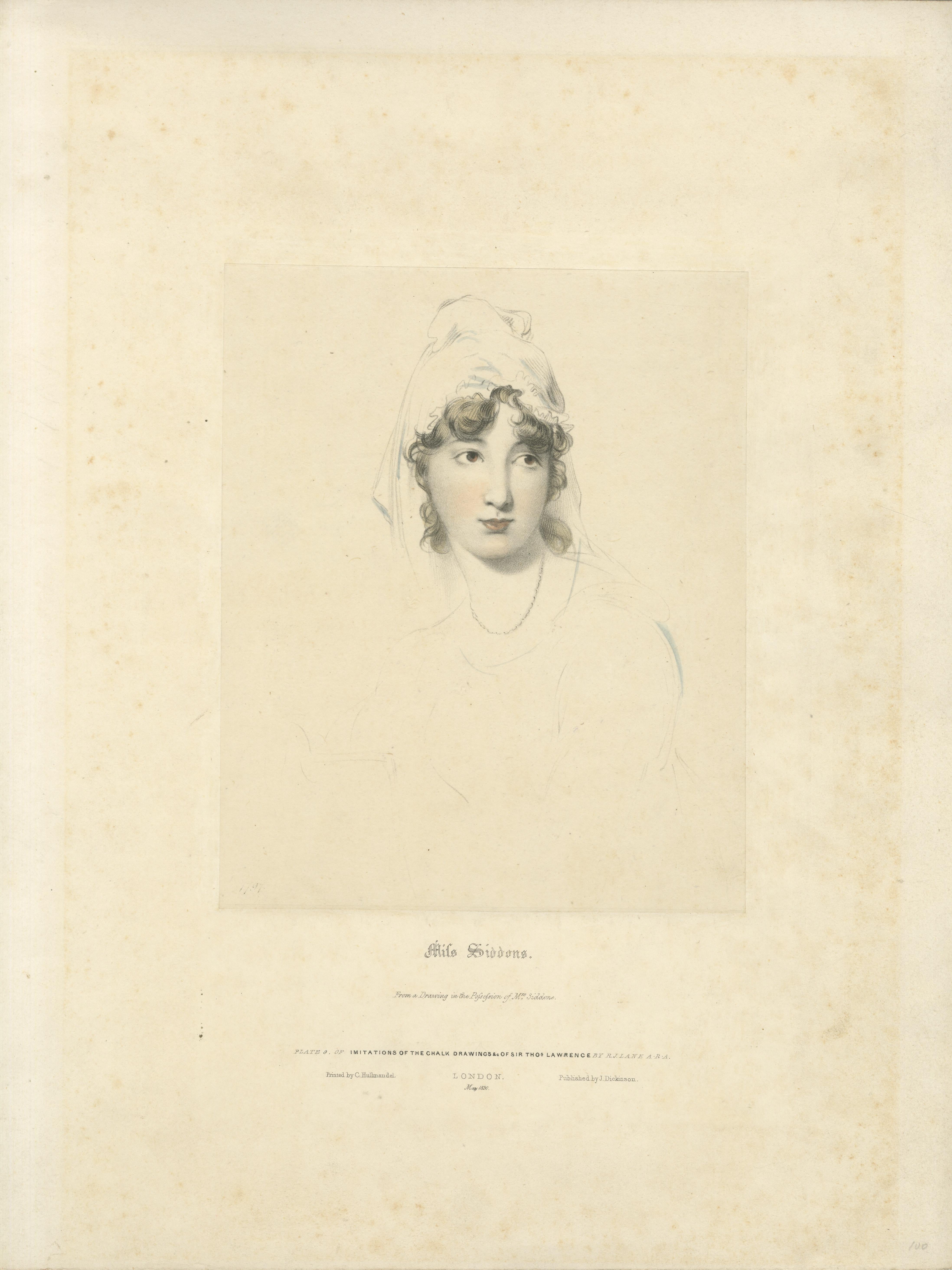 Carta Affascinante ritratto di Miss Siddons in un delicato stile di disegno a gesso, 1830 in vendita