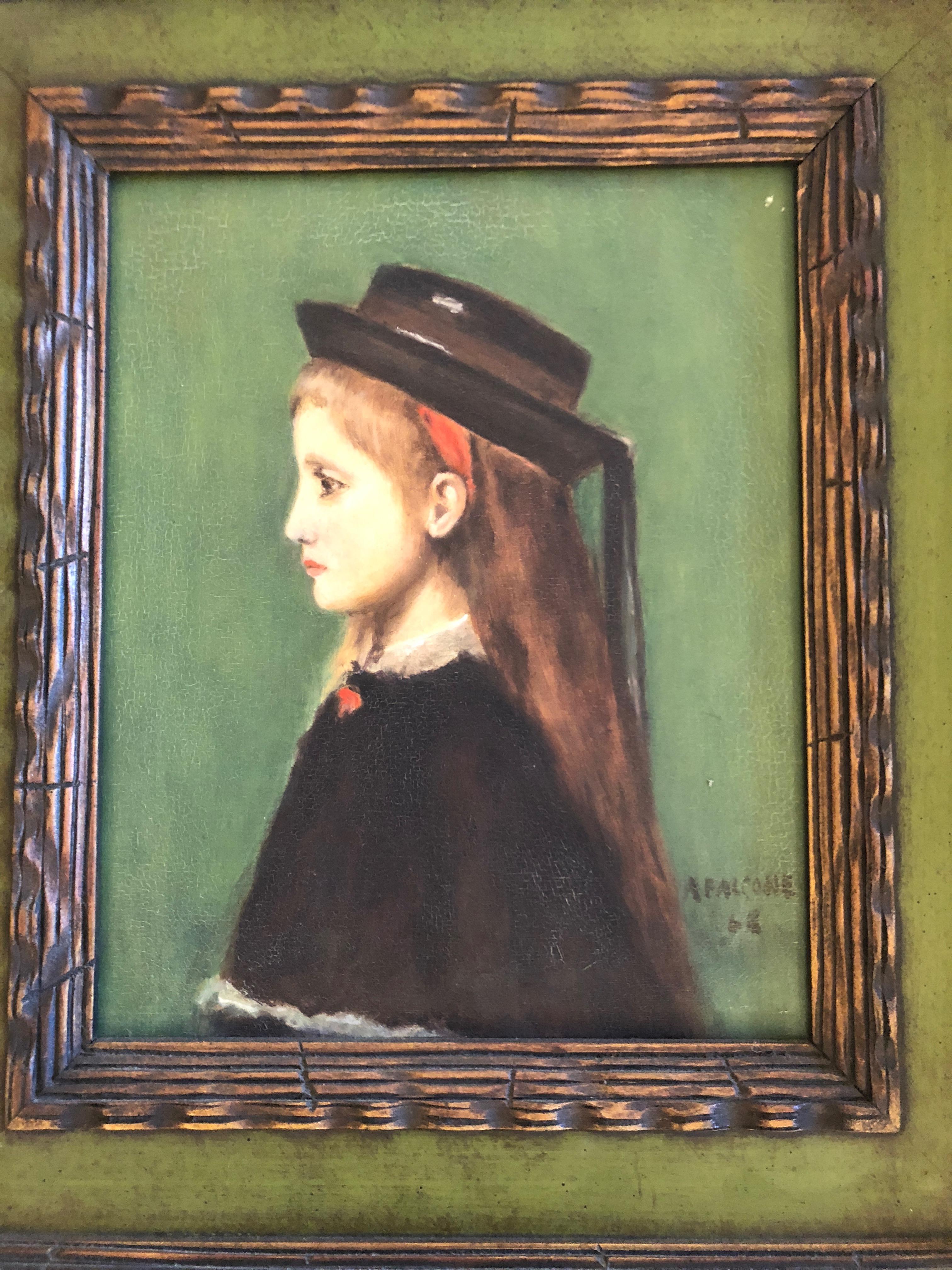 Charming portrait of a redheaded girl wearing a hat against a green background. Signed A Falcore '69. Handsome custom frame within frame and green mat.