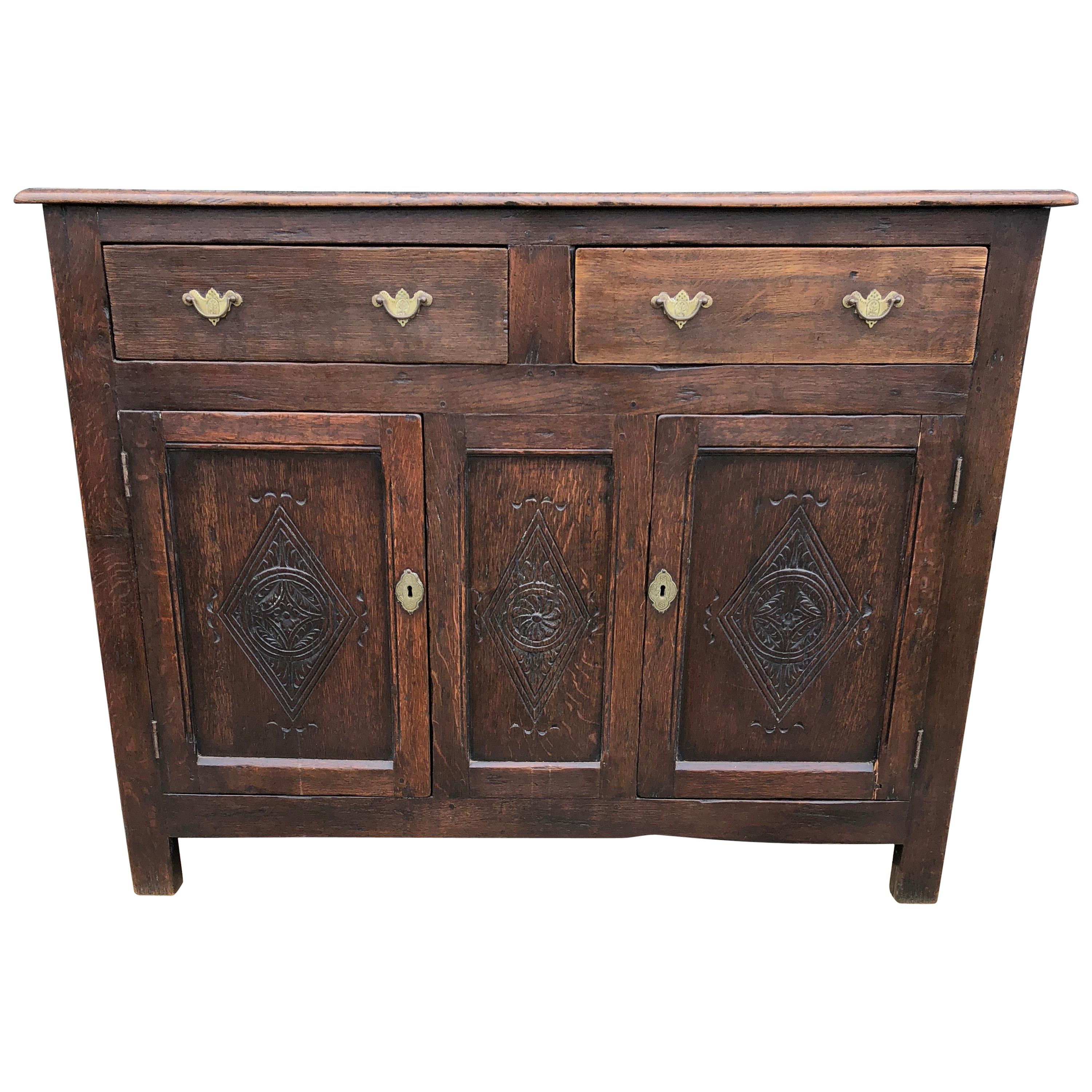 Charming Primitive French Dark Oak Cabinet Sideboard Buffet