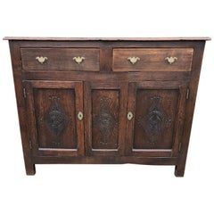 Antique Charming Primitive French Dark Oak Cabinet Sideboard Buffet