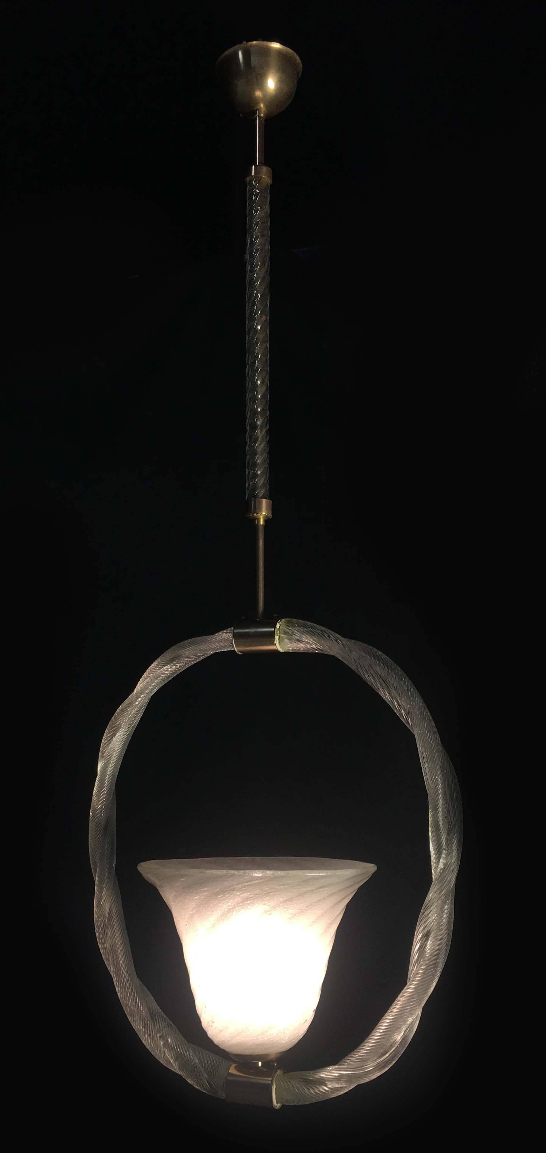 Brass Charming Pulegoso Glass Pendant by Venini, Murano, 1940s For Sale