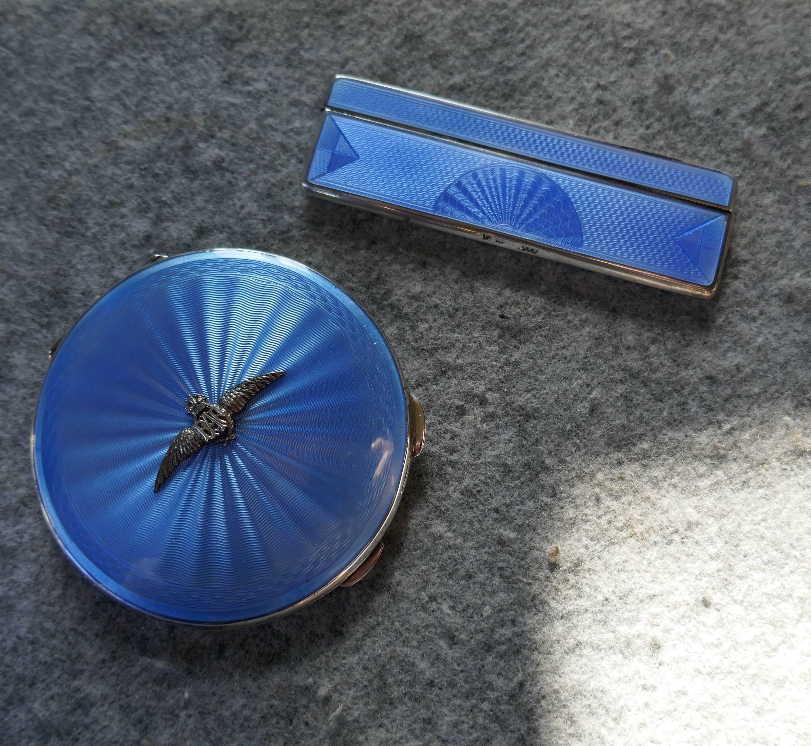 Charming Royal Air Force Sterling Silver and Blue Guilloche Enamel Compact Case For Sale 2