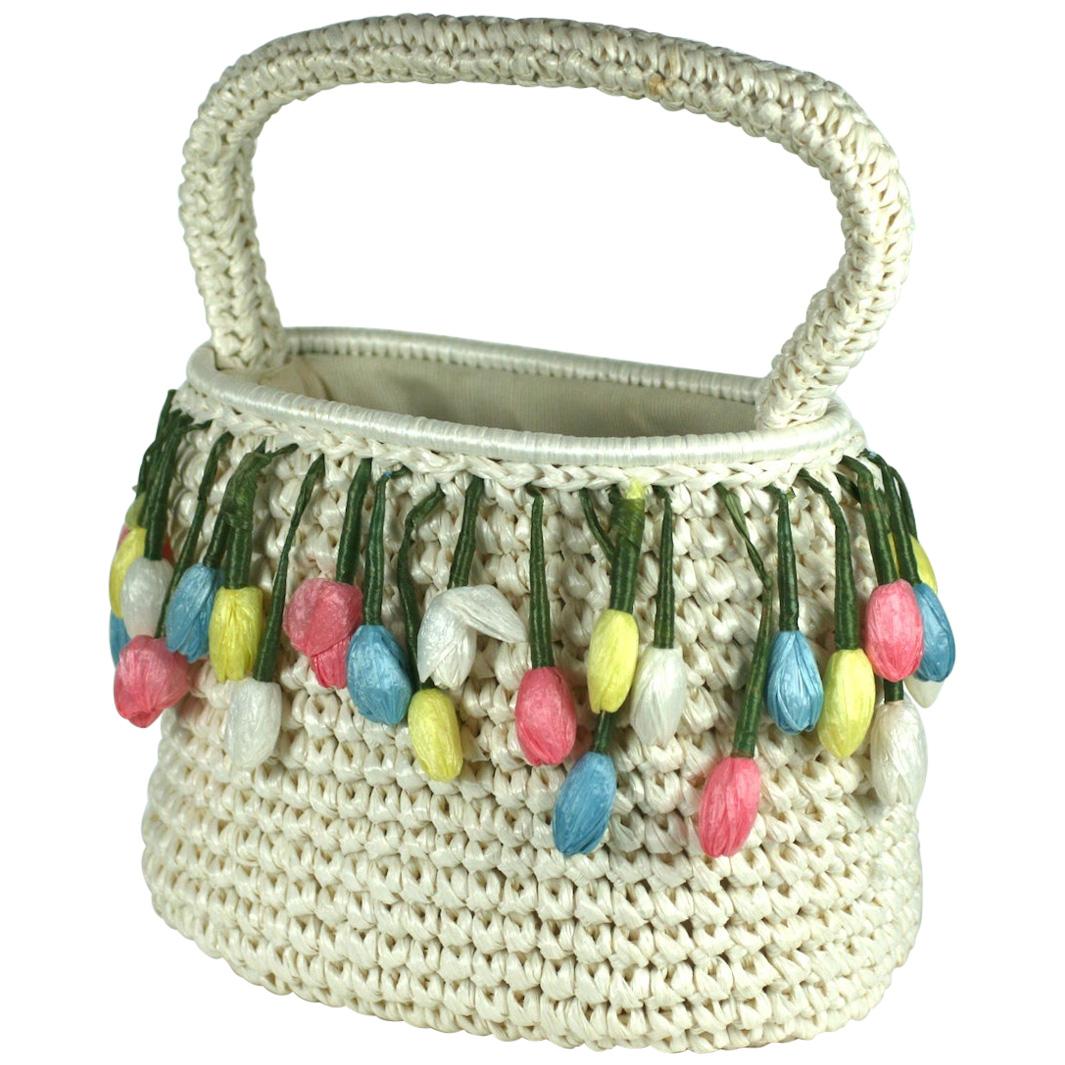 Raffia-Handtasche mit Tulpenmuster