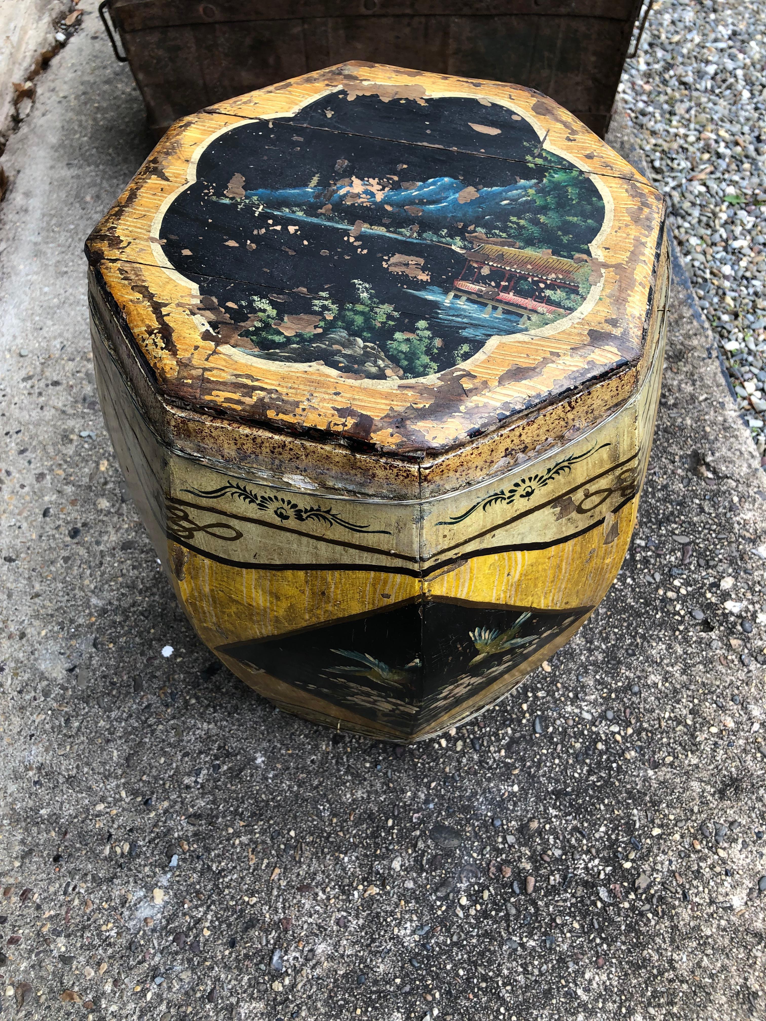 Charming Rare Round Wooden Rice Bin End Table For Sale 2