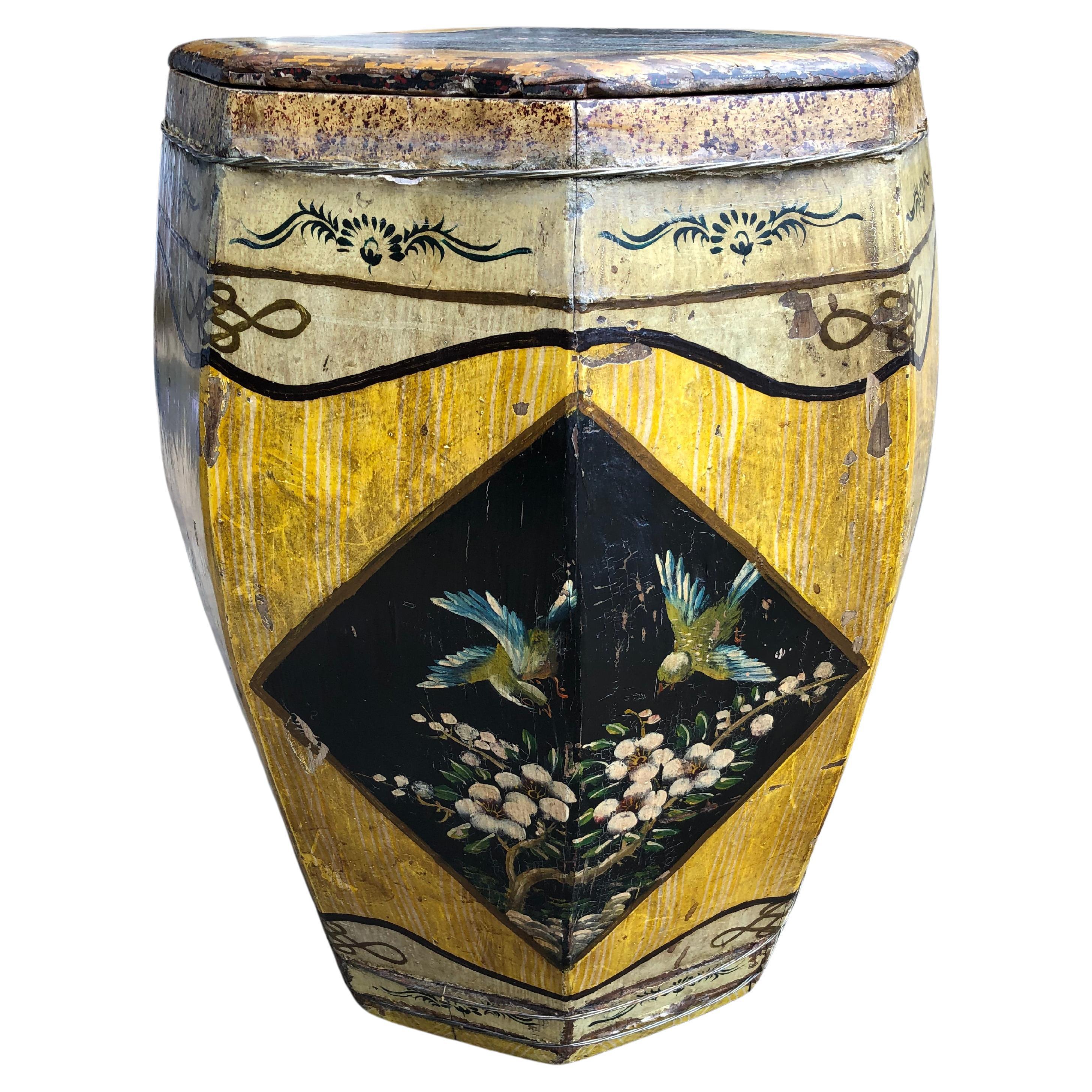 Charming Rare Round Wooden Rice Bin End Table For Sale