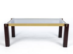 Charming rectangular side coffee table, brass wood smoked glass, 1960s, Italy