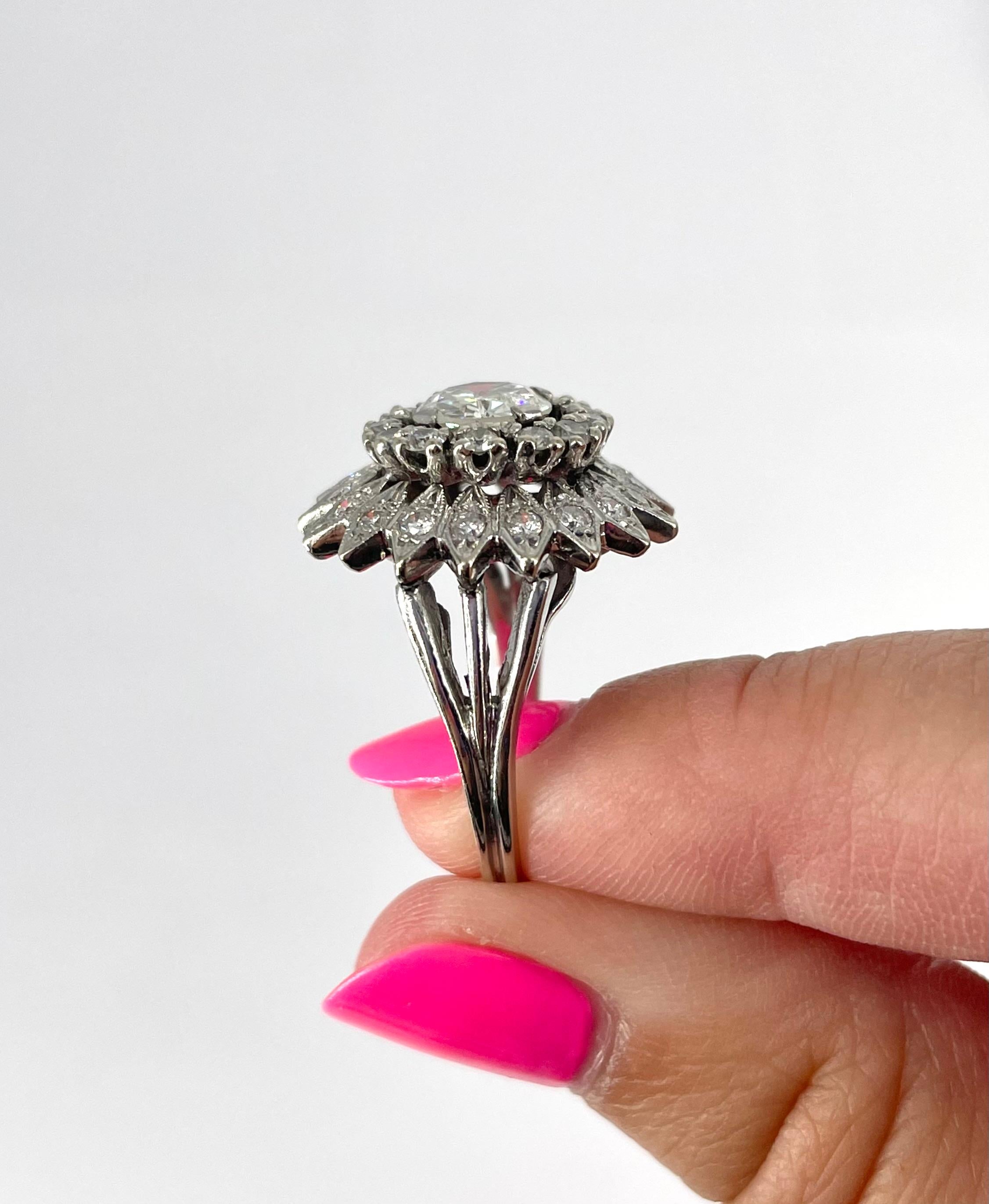 Vintage Starburst Cocktail Ring with 1.50 carat Round Diamond in Platinum For Sale 1