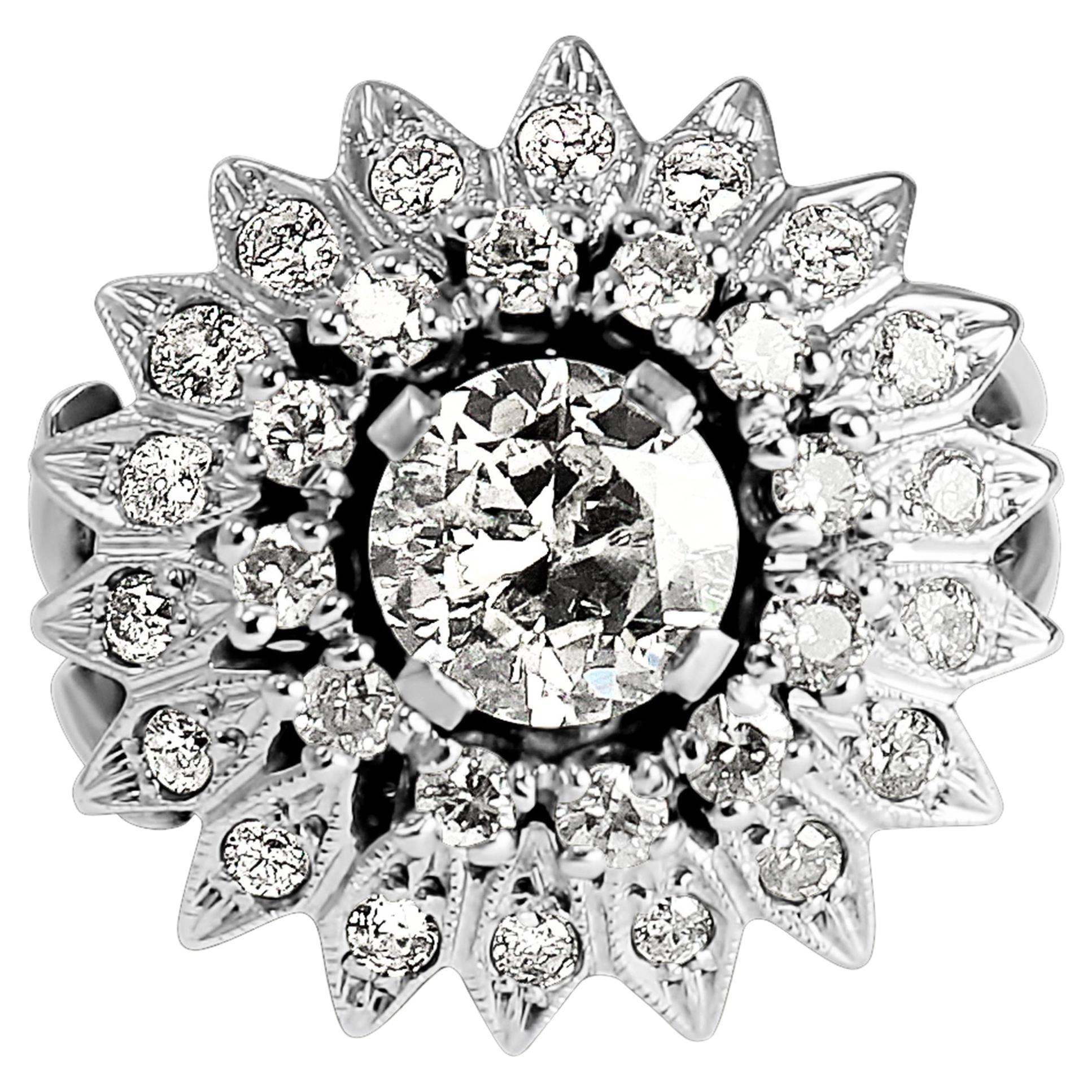 Vintage Starburst Cocktail Ring with 1.50 carat Round Diamond in Platinum For Sale