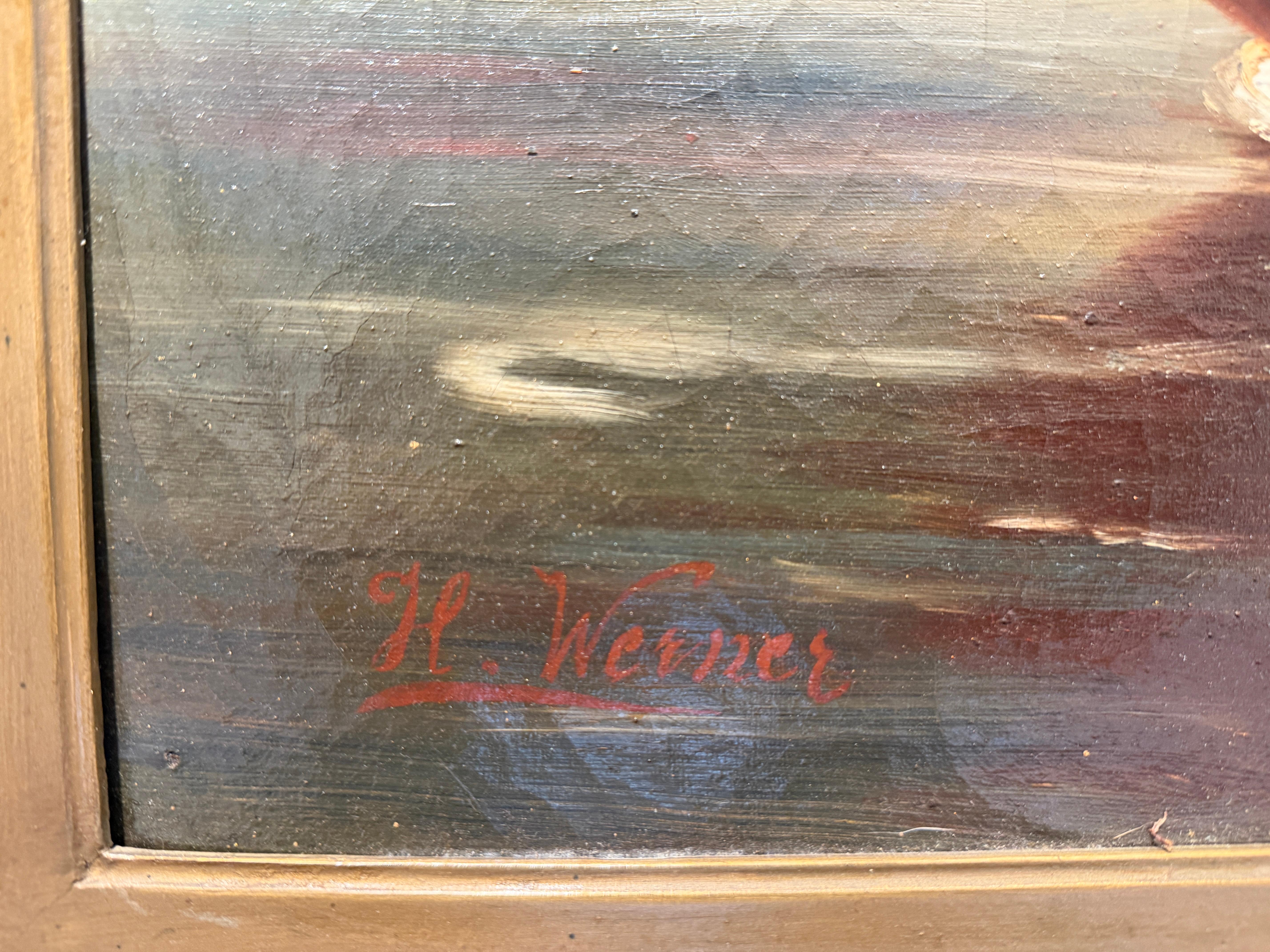 Incantevole scena fluviale di H. Werner - Famiglia di pescatori in barca a remi del XIX secolo in vendita 6