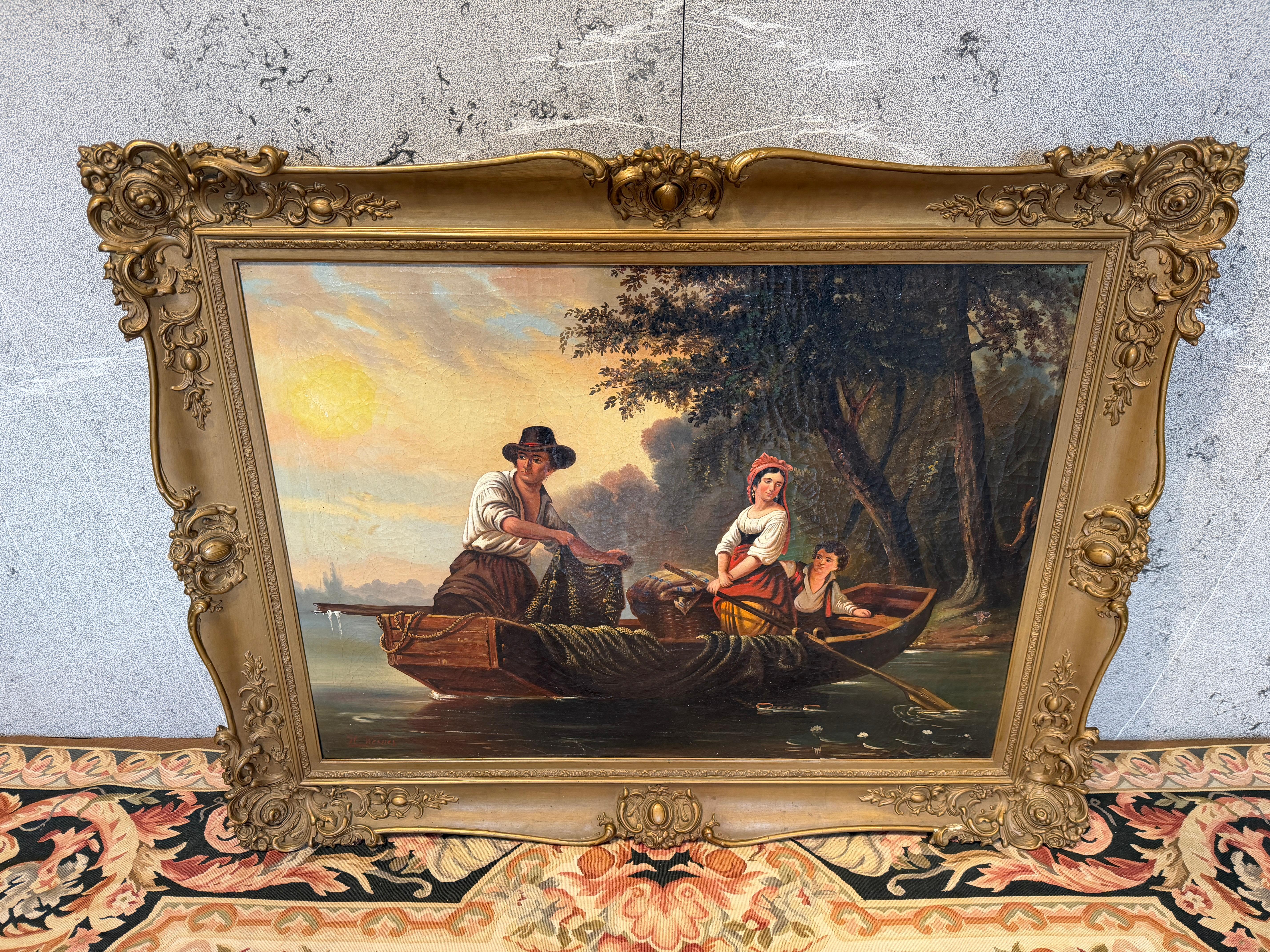 Questa splendida scena fluviale del XIX secolo, firmata da H. Waters, cattura un momento tranquillo ma vivace tra un pescatore e la sua famiglia mentre lavorano e viaggiano insieme lungo le acque tranquille. Immersa nella luce dorata del sole al